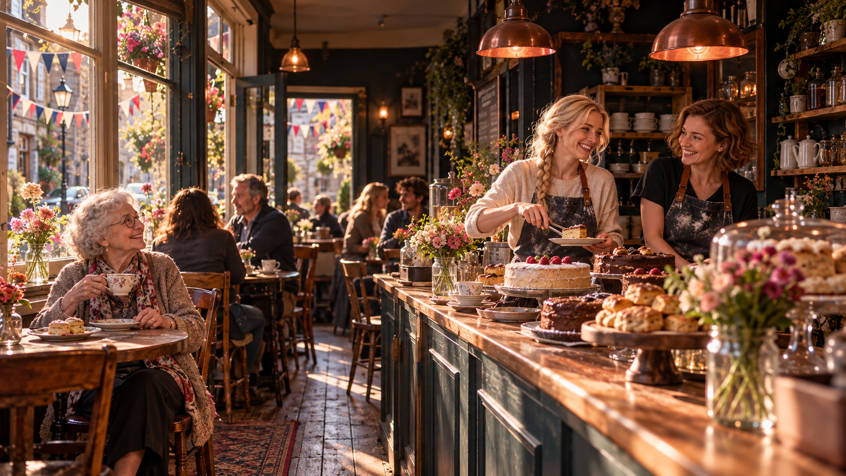 Family ties real test — two sisters in aprons serving cakes on the reopening day of their grandmother's café while she smiles at her table by the window