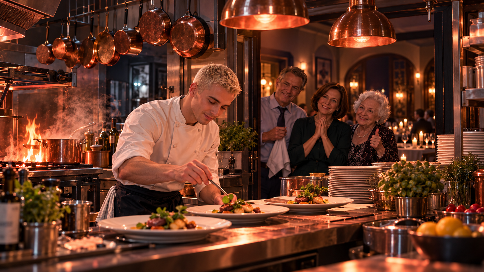 Family ties practice — a young chef plating a dish in a restaurant kitchen while his parents and grandmother watch proudly from the doorway