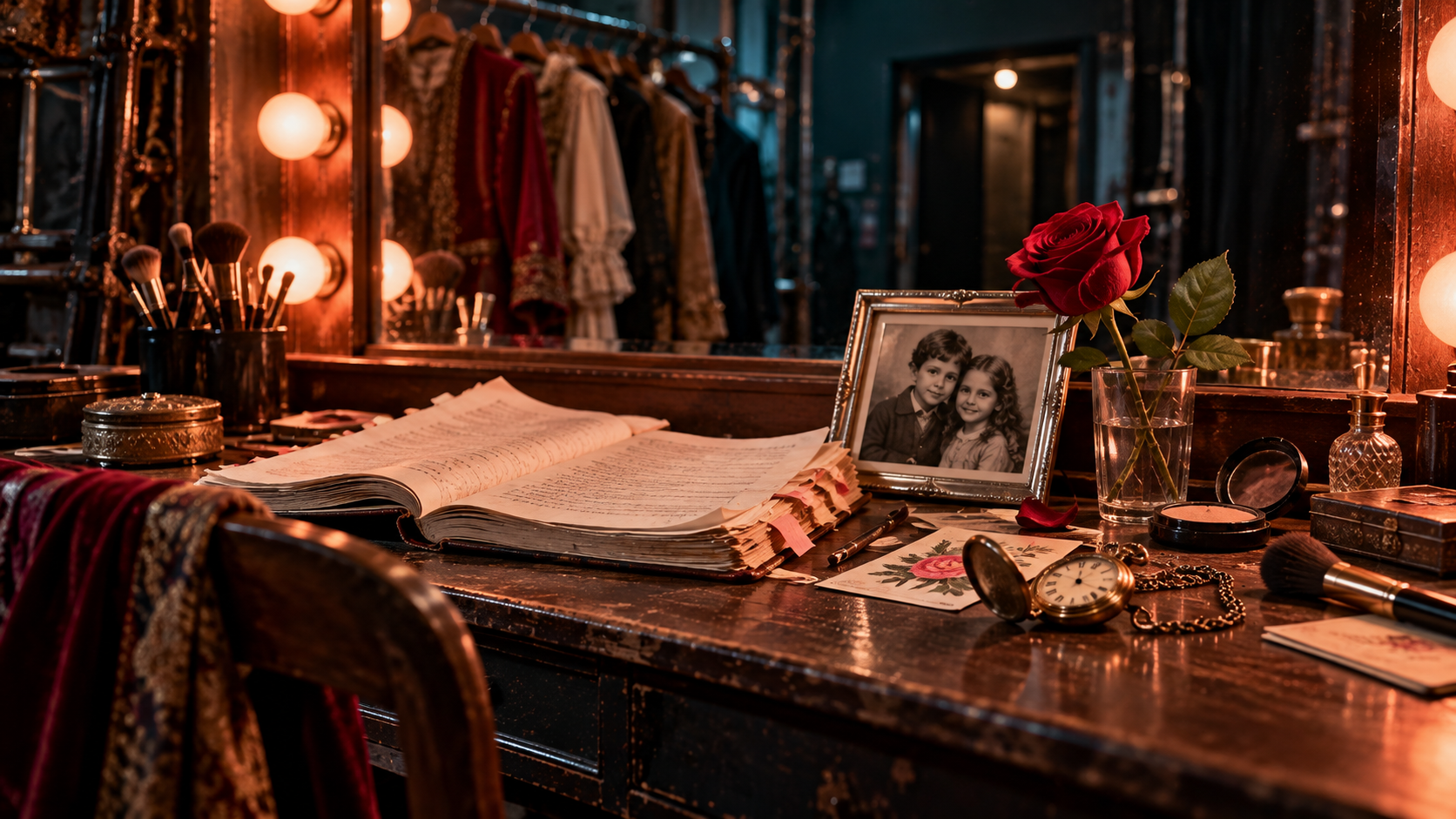 Family ties word choice — a theatre dressing table with a mirror of light bulbs, a marked script, an old family photograph and a single rose