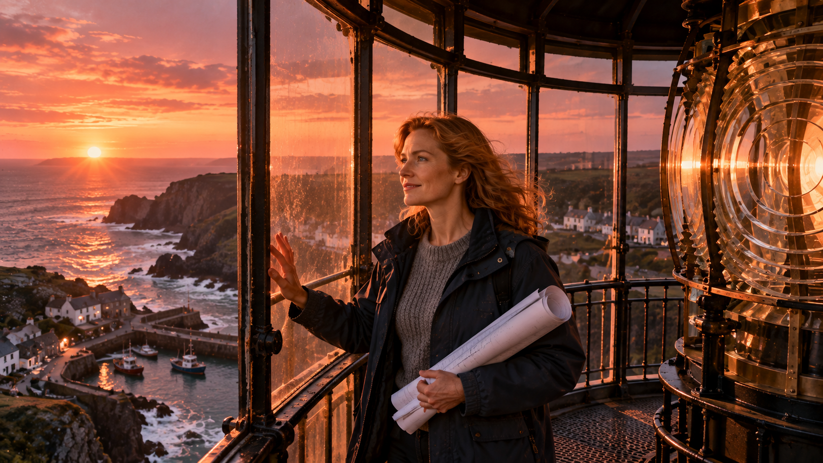 Turning points real test — an architect at the top of an old lighthouse looking out over the sea and a small harbour town