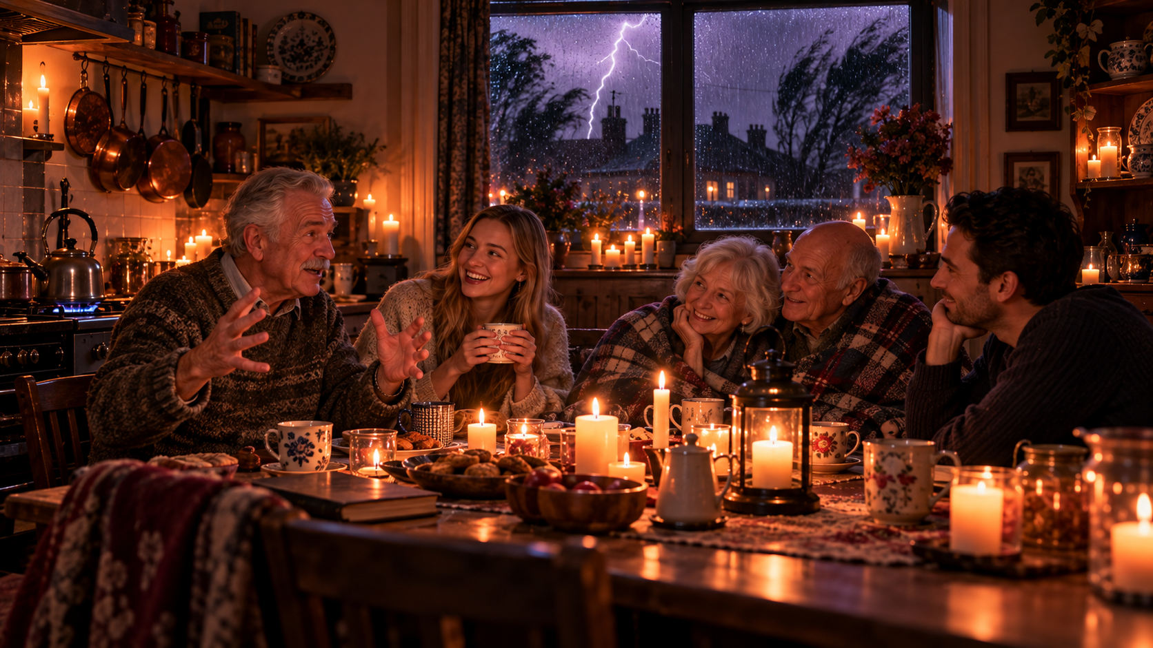 Turning points practice — neighbours sharing candles and blankets in a warm kitchen during a storm while lightning flashes outside