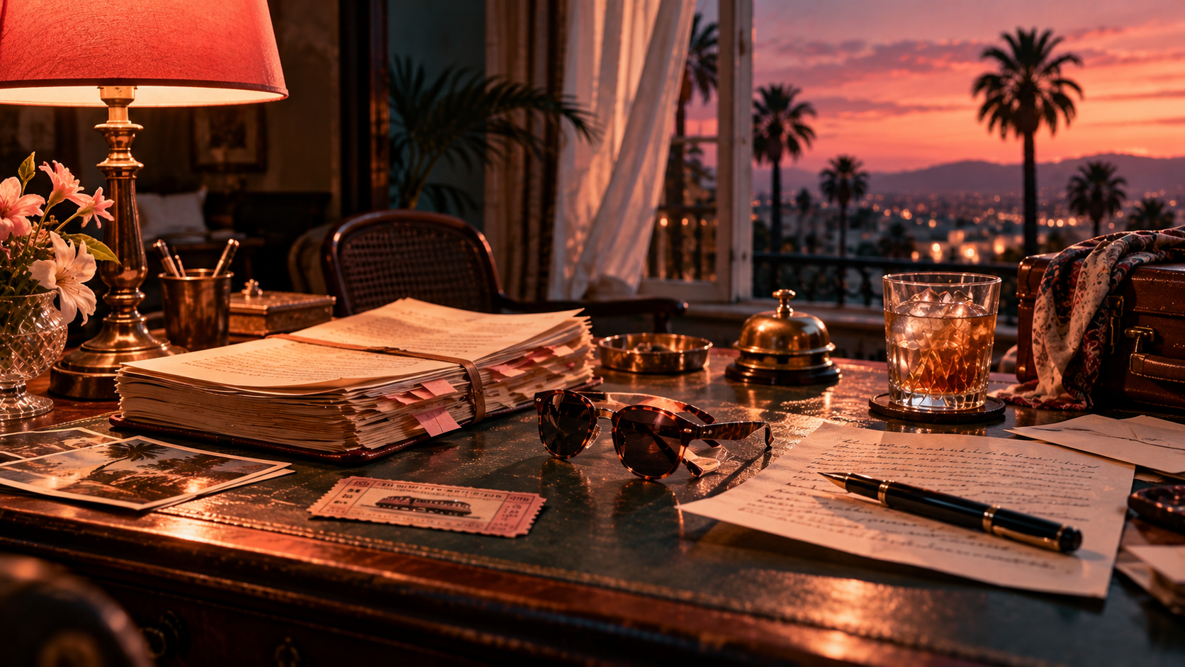 Turning points word choice — an old film script, a train ticket, a fountain pen and a pair of sunglasses on a hotel desk by a window with palm trees