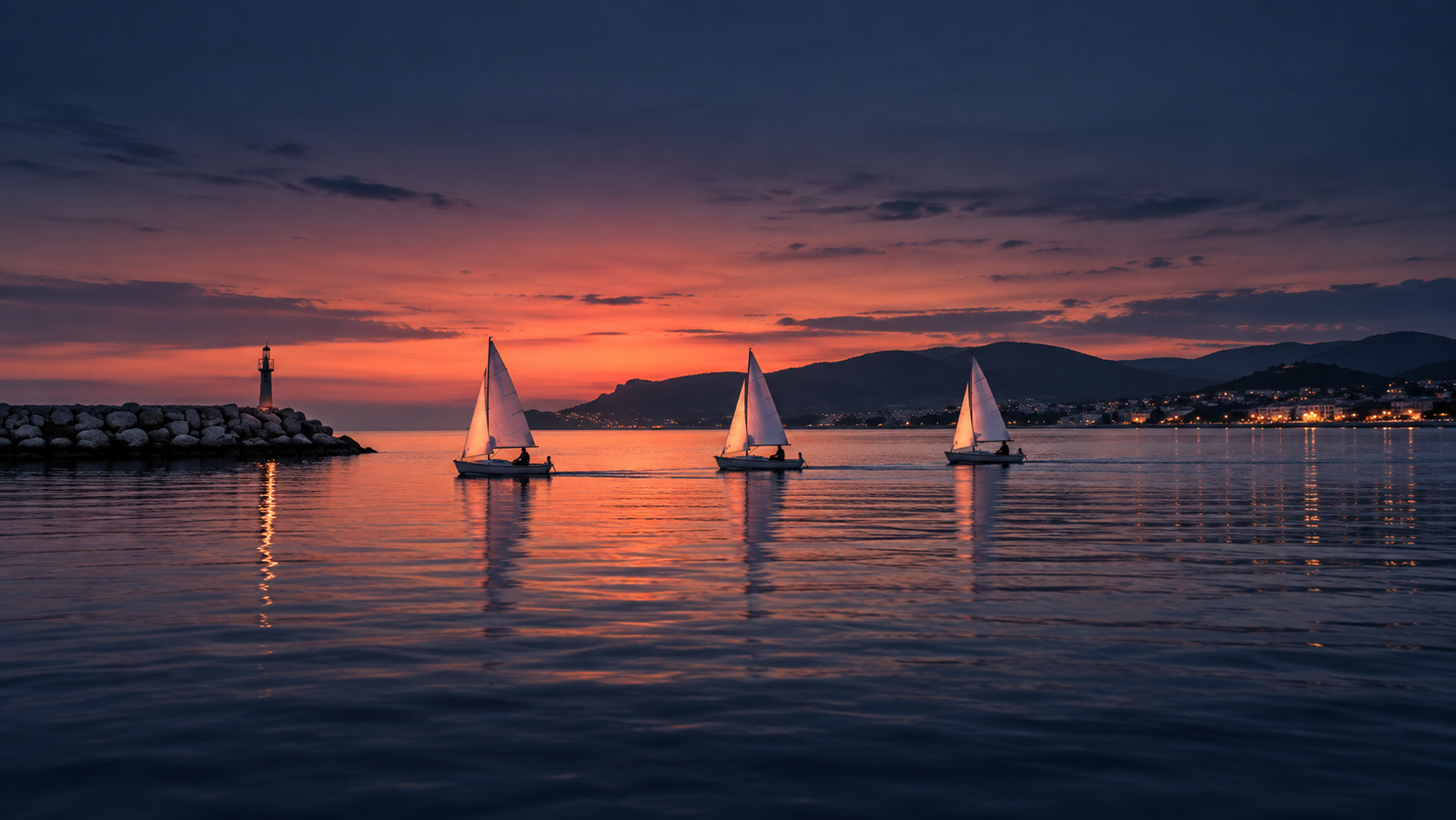 Young sailors in small dinghies leaving a harbour at golden hour — IELTS Listening Part 1 vocabulary