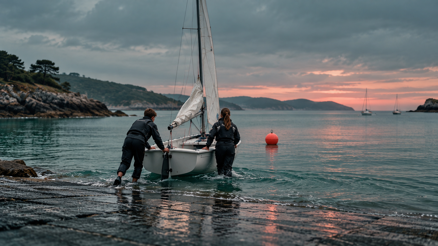 Young sailors preparing dinghies on a harbour slipway — IELTS Listening Part 1 practice