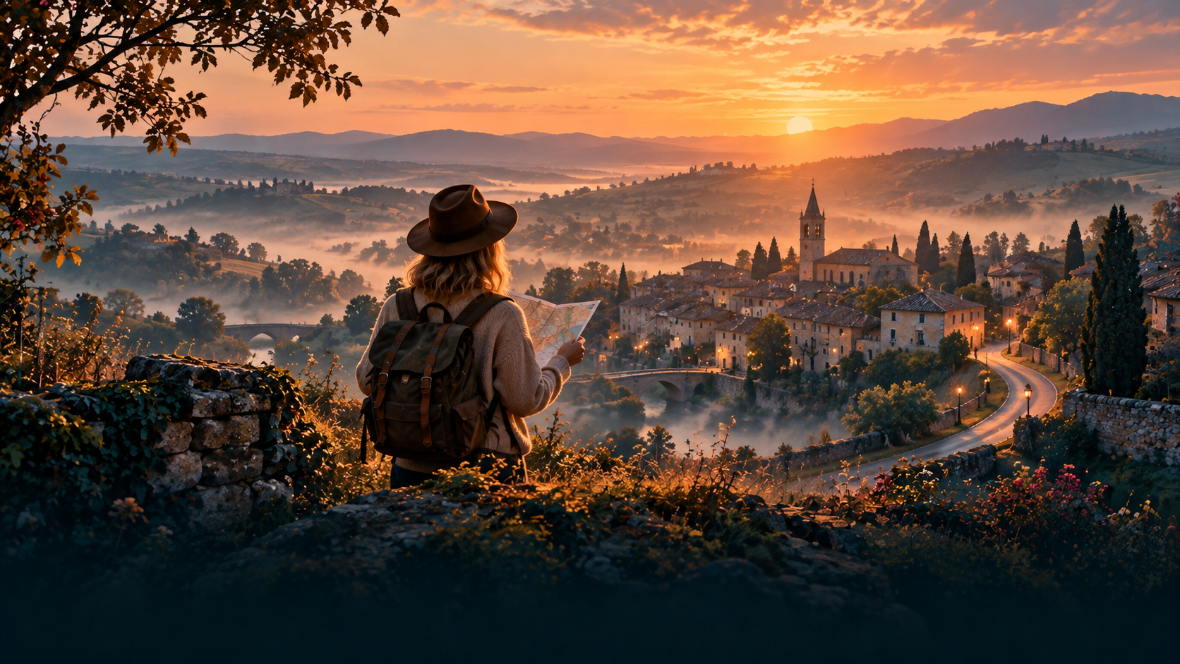 A figure with a map looking down at a village at sunrise – IELTS Listening Part 2 practice