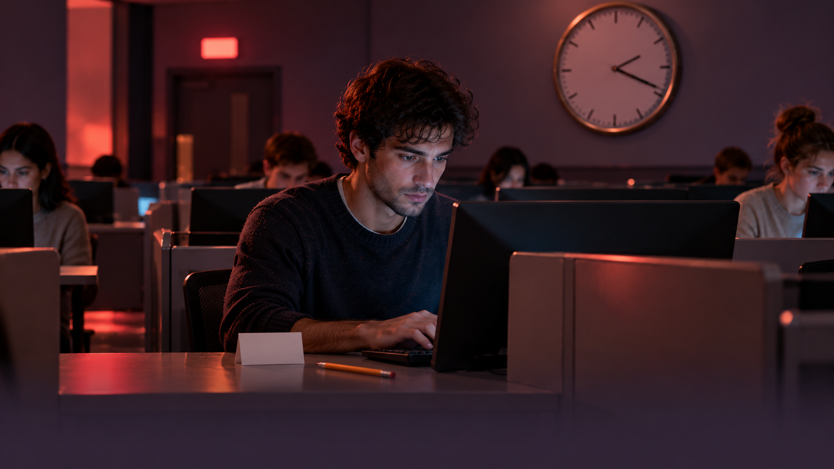 An exam room with a clock and a computer screen – IELTS Writing Task 1 exam