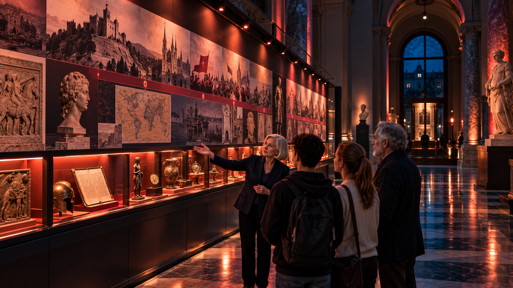 A museum guide introducing a long timeline wall to a small group of visitors – IELTS Writing Task 1, step 1: Introduction