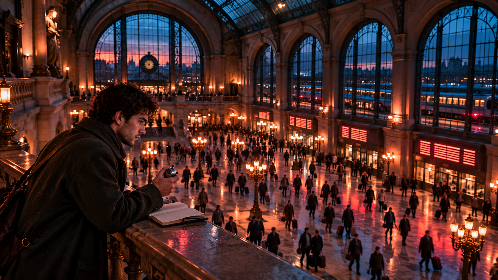 A young man on a station balcony counting the people crossing the concourse below – IELTS Writing Task 1, step 2: WHO