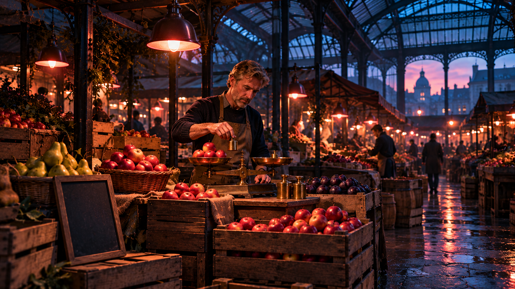 A market trader weighing apples on old brass scales at dawn – IELTS Writing Task 1, step 4: NUMBERS