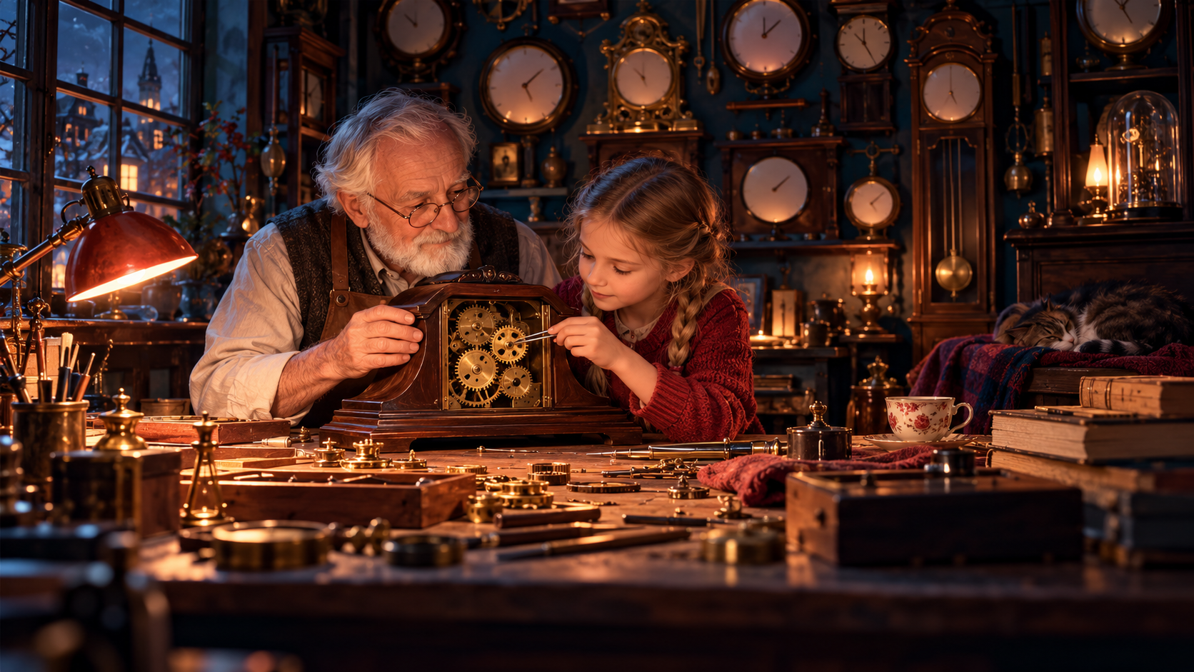A clockmaker and his granddaughter fitting the parts of a clock together – IELTS Writing Task 1, step 5: The sentence machine