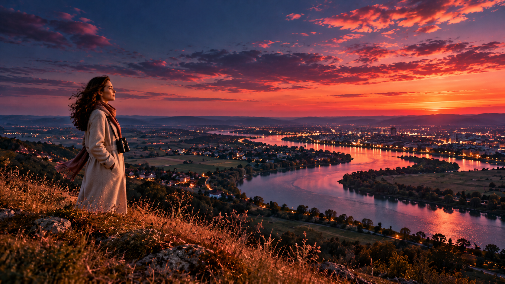 A woman on a hilltop at dusk looking over the whole valley and the city below – IELTS Writing Task 1, step 6: Overview