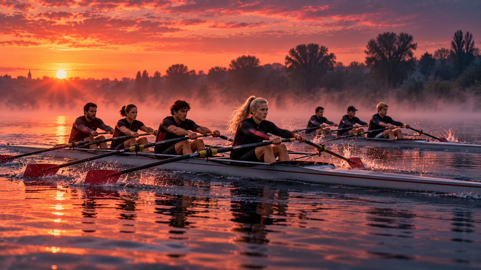 Two rowing boats racing side by side on a misty river at sunrise – IELTS Writing Task 1, step 7: Comparing