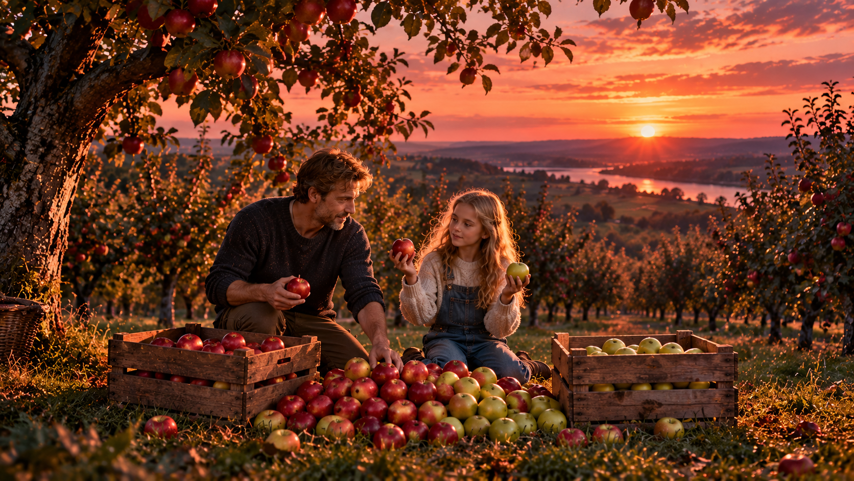 A father and daughter sorting apples into two crates in an orchard – IELTS Writing Task 1, step 8: Two body paragraphs