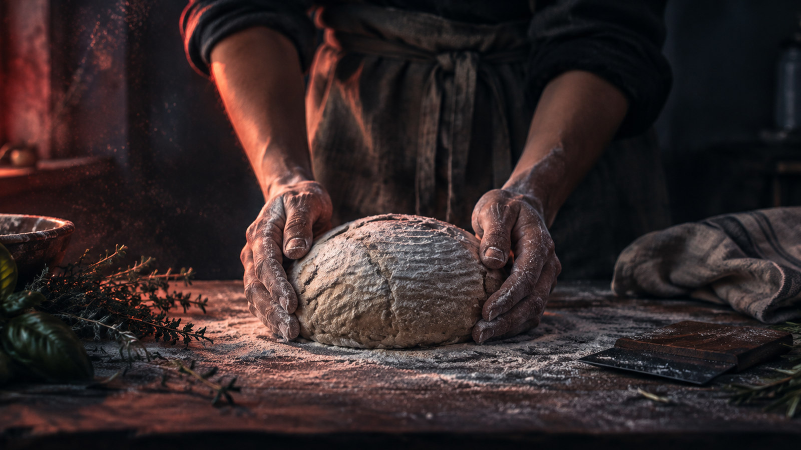 Hands shaping sourdough dough beside fresh herbs and a linen apron on a workshop table — IELTS Listening Part 1 vocabulary