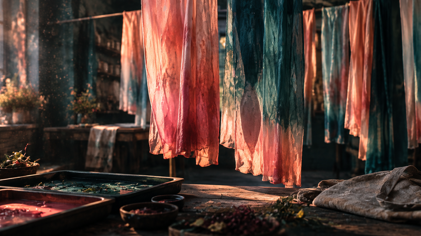 Plant-dyed silk in teal and coral hanging to dry in a sunlit community workshop — IELTS Listening Part 1 practice