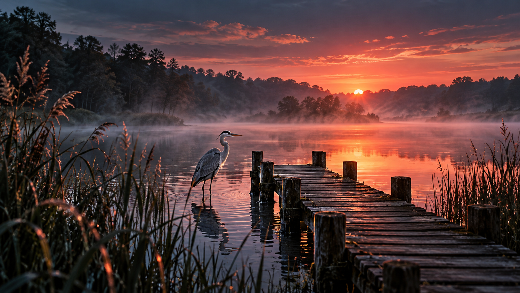 A misty lake with reeds and a wooden jetty at sunrise – IELTS Listening Part 2 vocabulary
