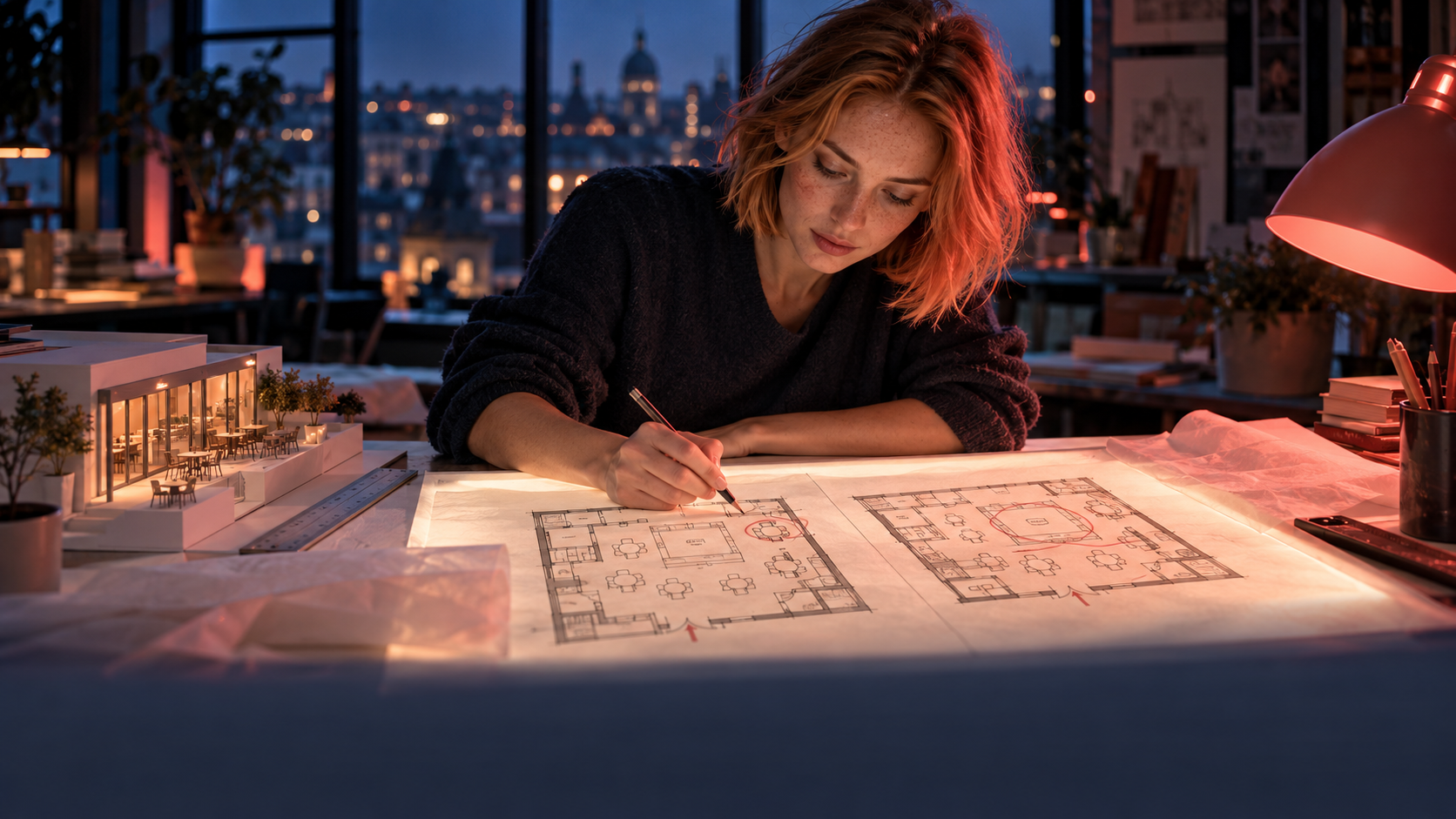 An architect comparing two floor plans of a café at dusk – IELTS Writing Task 1 vocabulary