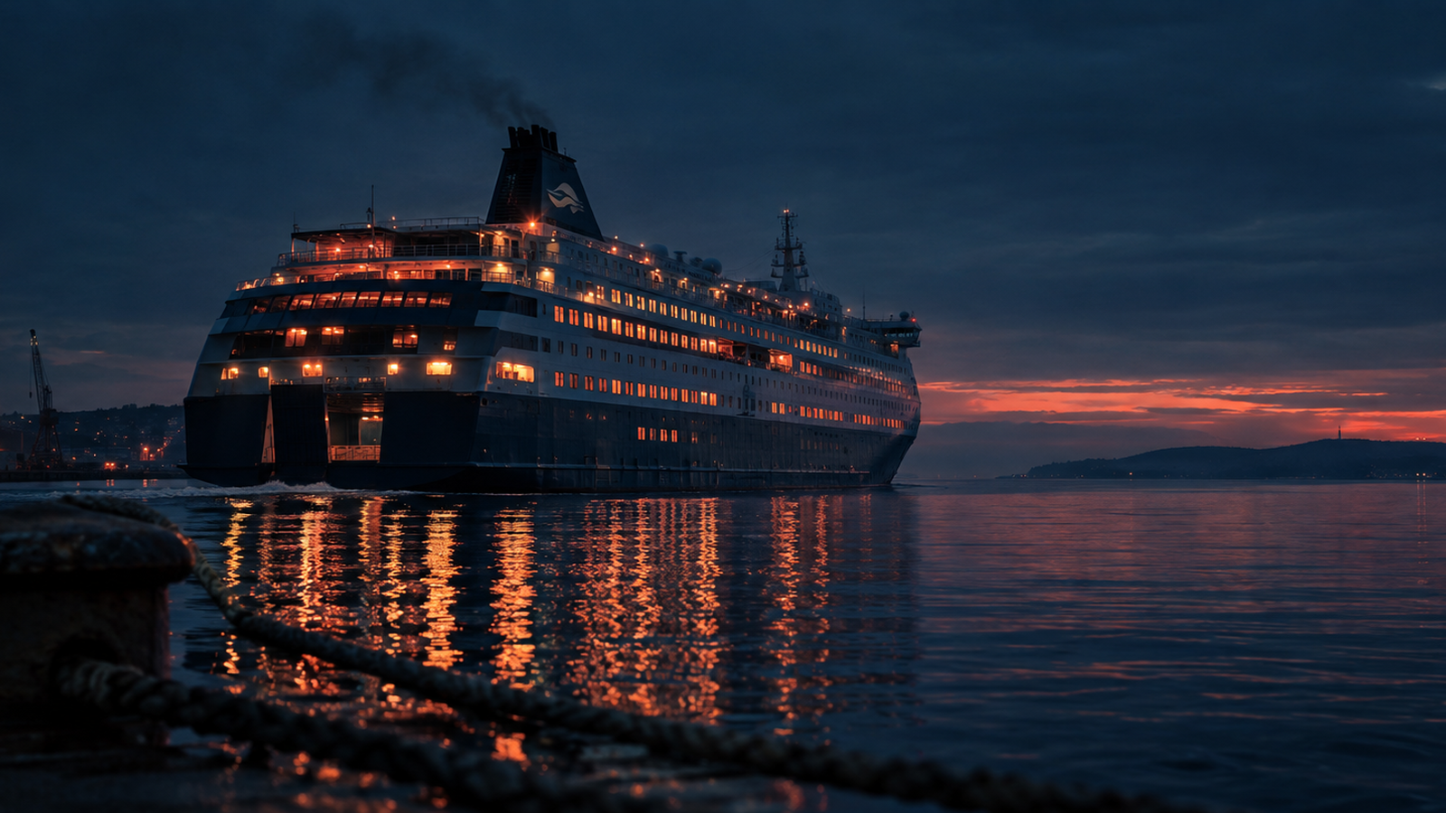 An overnight ferry leaving a harbour at dusk under a deep navy sky, with warm coral light on the water — IELTS Listening Part 1 vocabulary