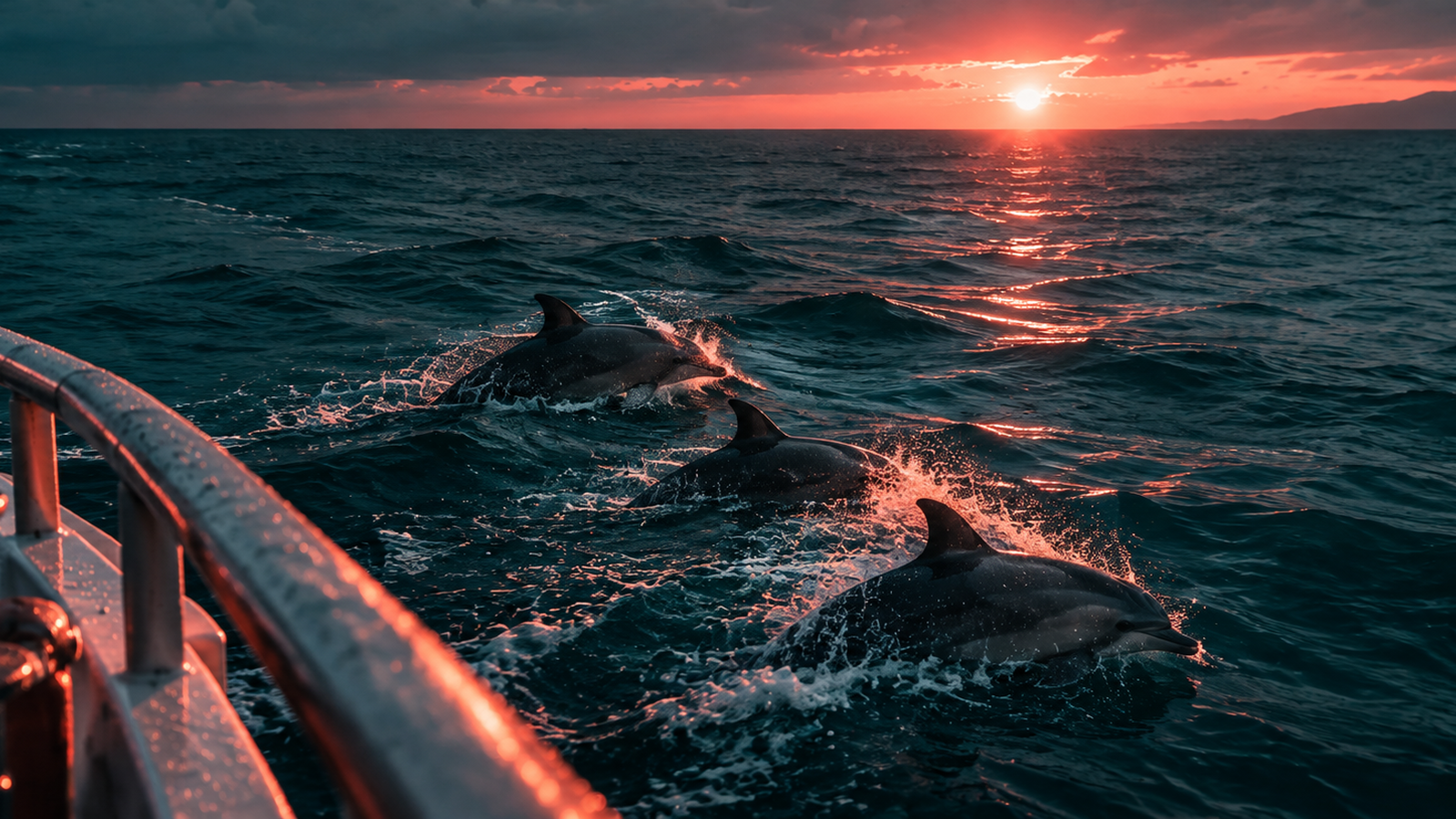 Dolphins surfacing beside a ferry bow in teal water at sunrise, with coral light on the horizon — IELTS Listening Part 1 practice