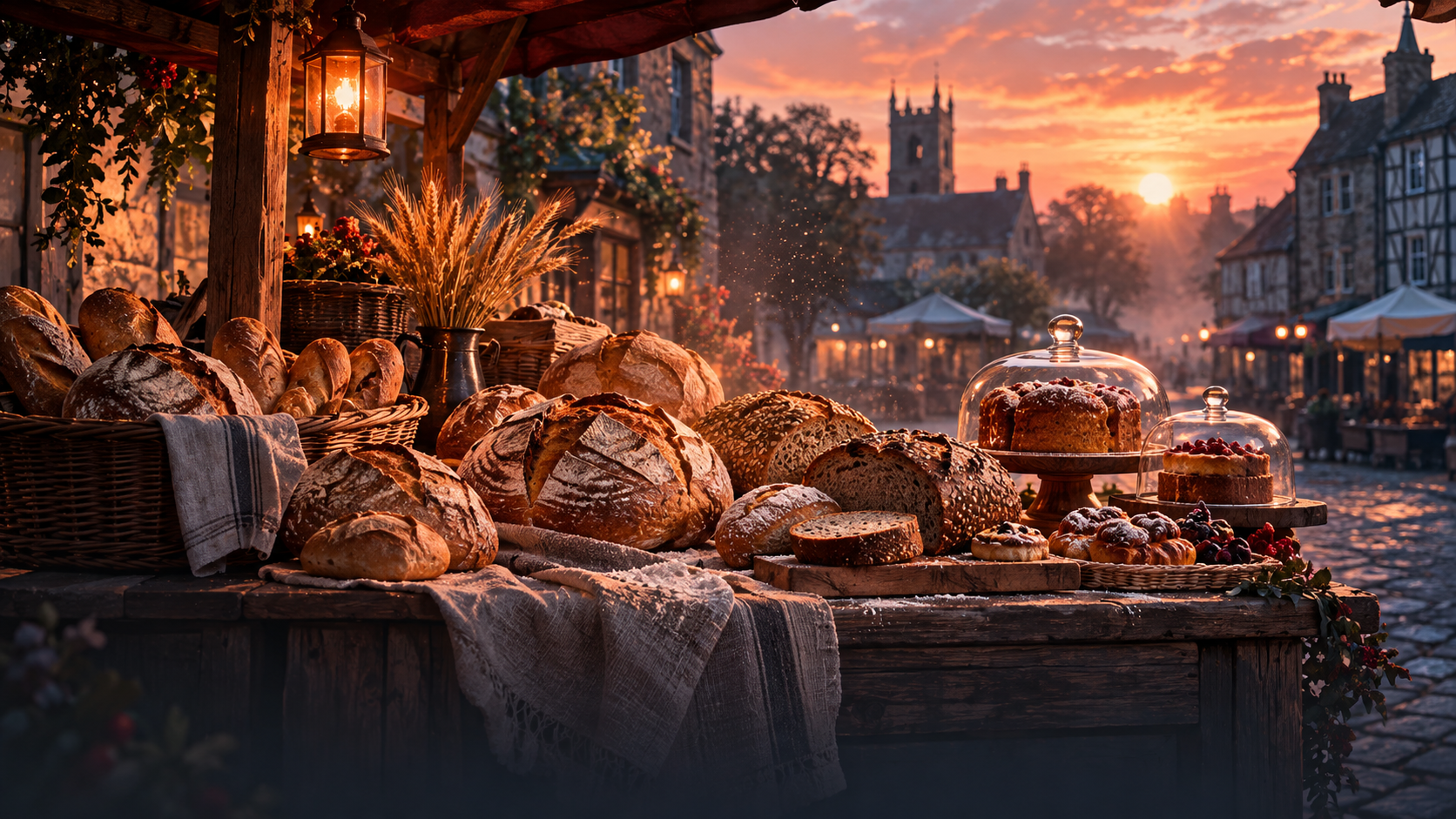 Fresh sourdough loaves on a wooden market stall at dawn – IELTS Listening Part 2 vocabulary