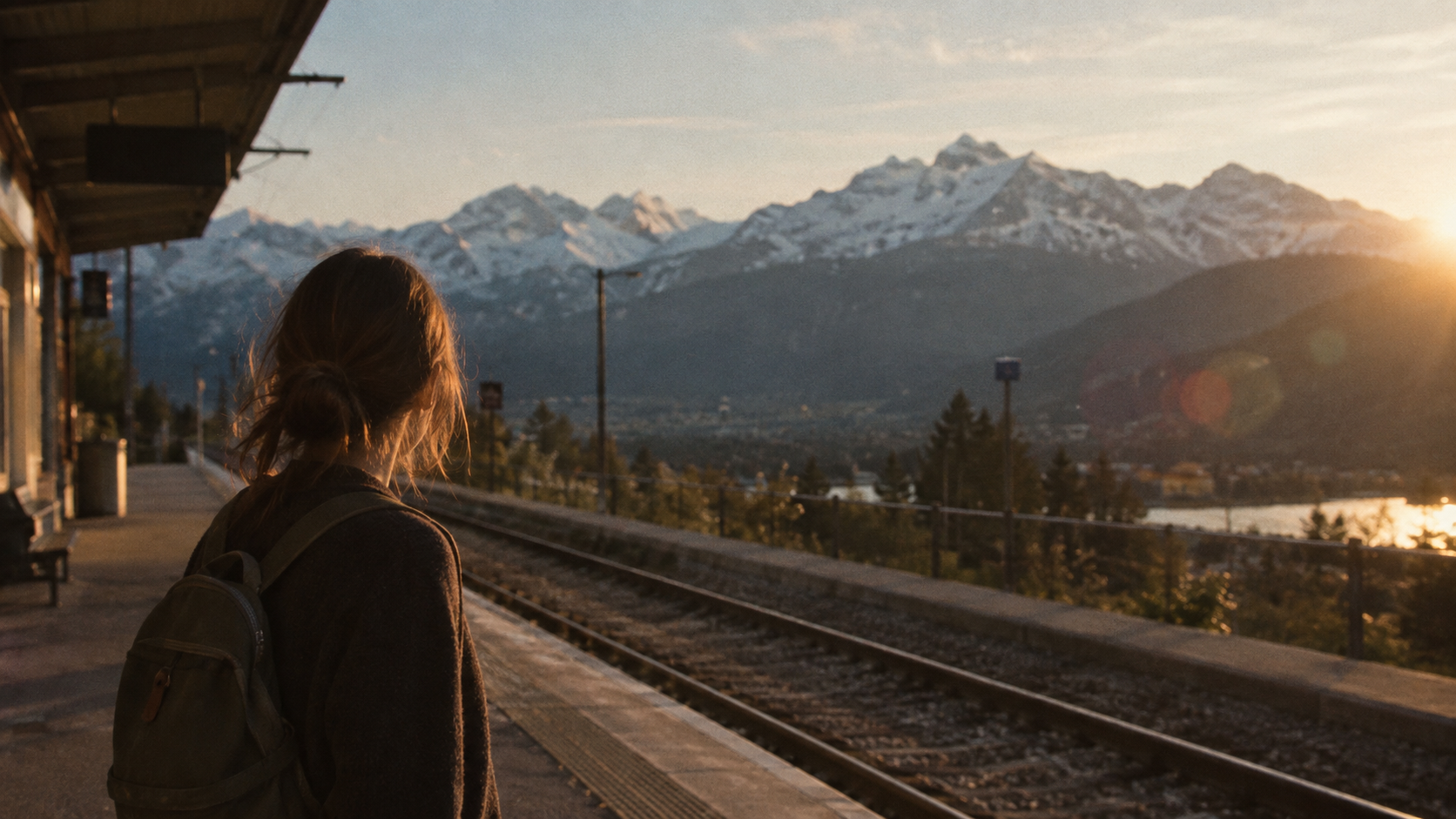 Editorial cinematic photo of a teenage girl with a backpack looking toward snow-capped mountains at a train station — the scene behind the OGE Listening Variant 1 tasks