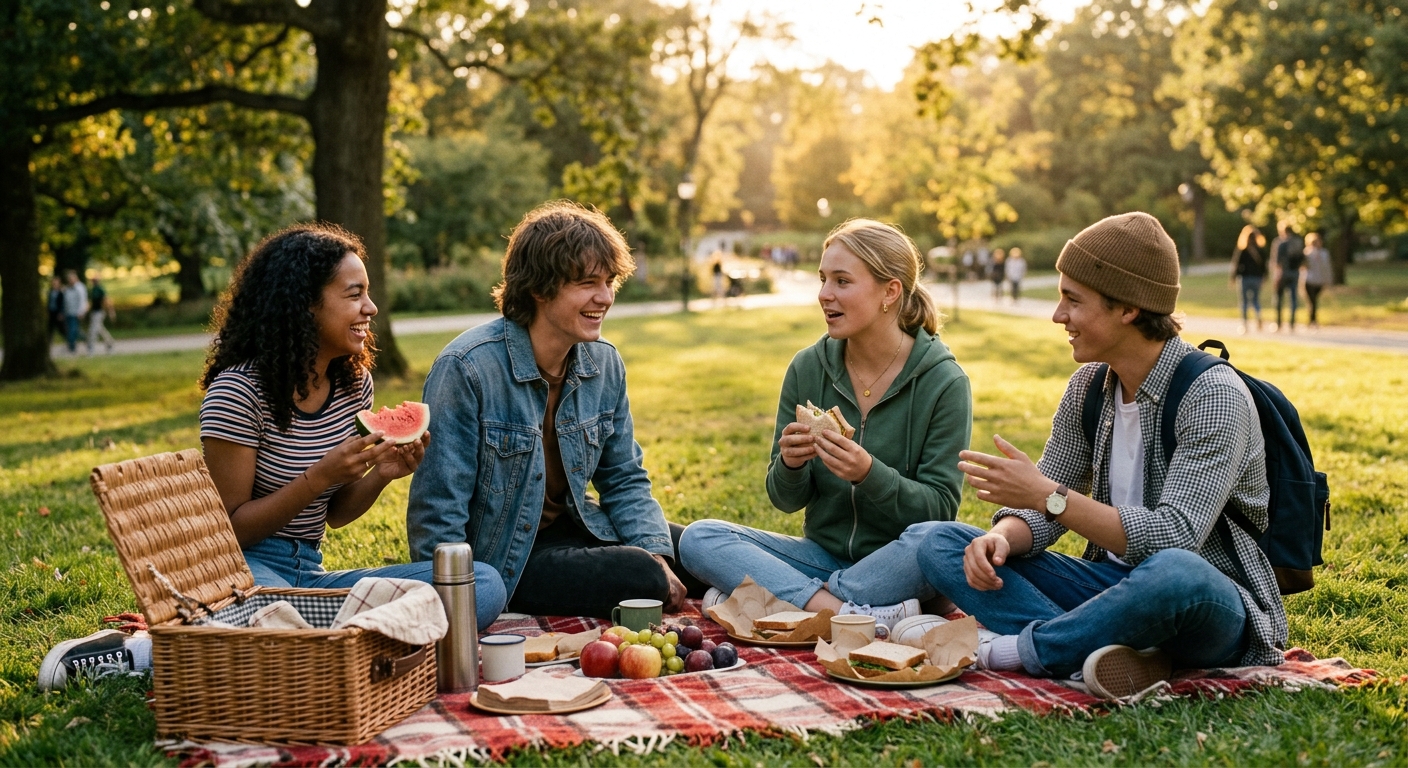 Teenagers having a picnic in a sunny park, sitting on a blanket with food and drinks