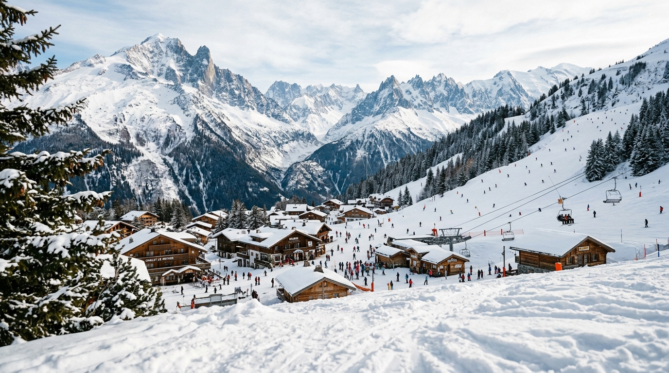 A snowy ski resort in the mountains