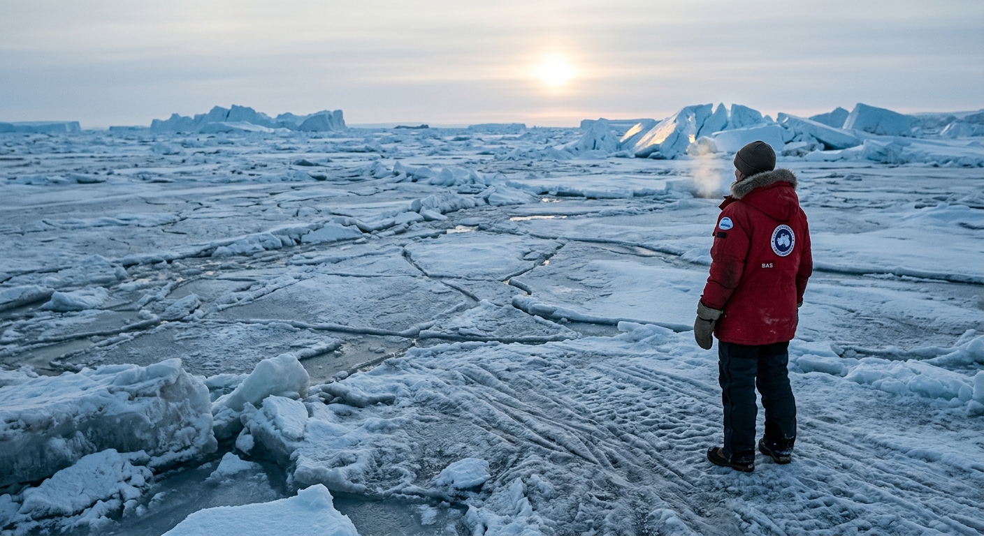 Editorial cinematic photo of a researcher in a red expedition parka looking out over a frozen Arctic ocean at midnight sun — the scene behind OGE Reading Task 12, Variant 1
