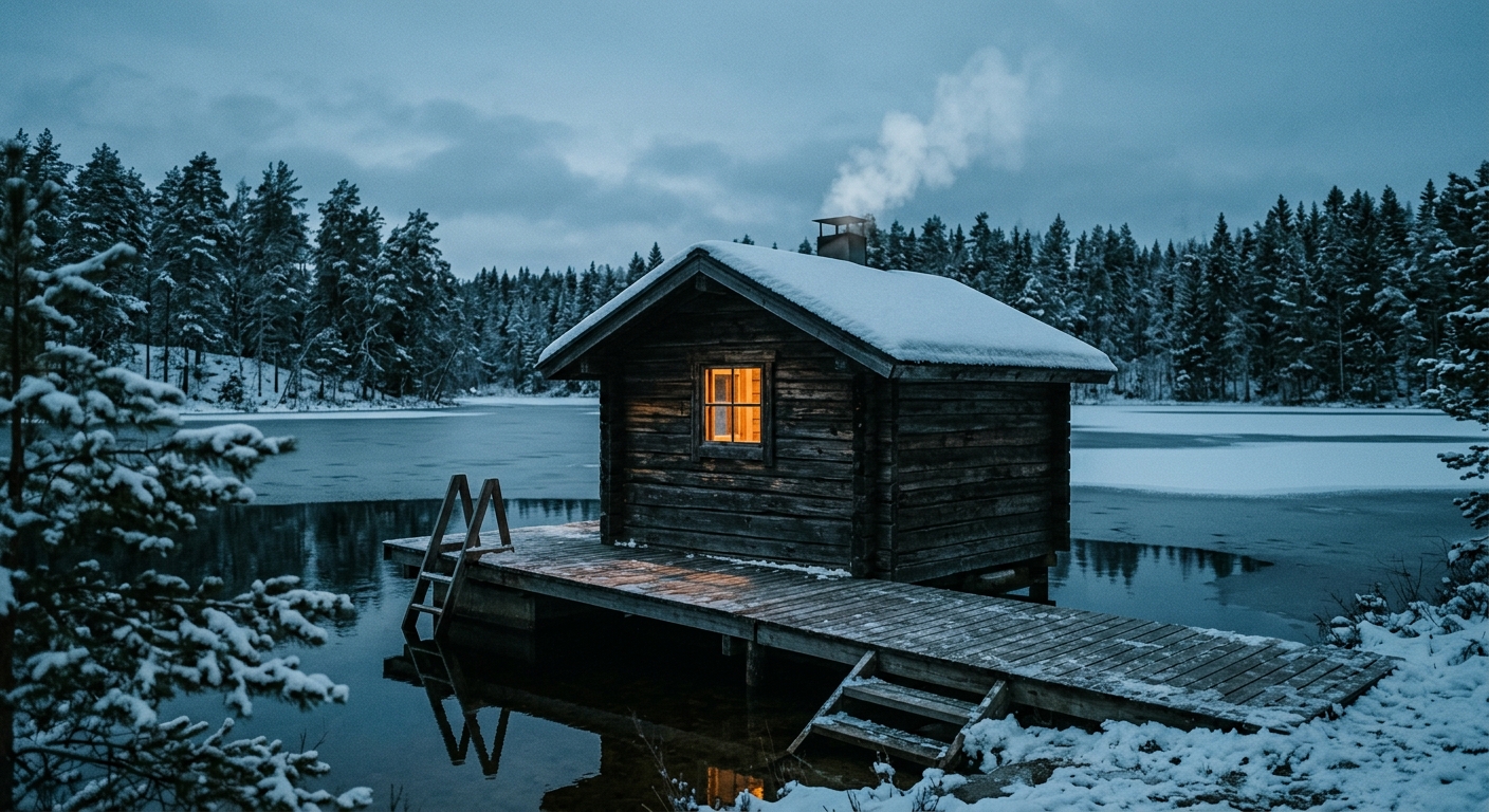 Editorial cinematic photo of a wooden lakeside sauna and a frozen lake in the Finnish countryside at dusk — the scene behind the practice warm-up text