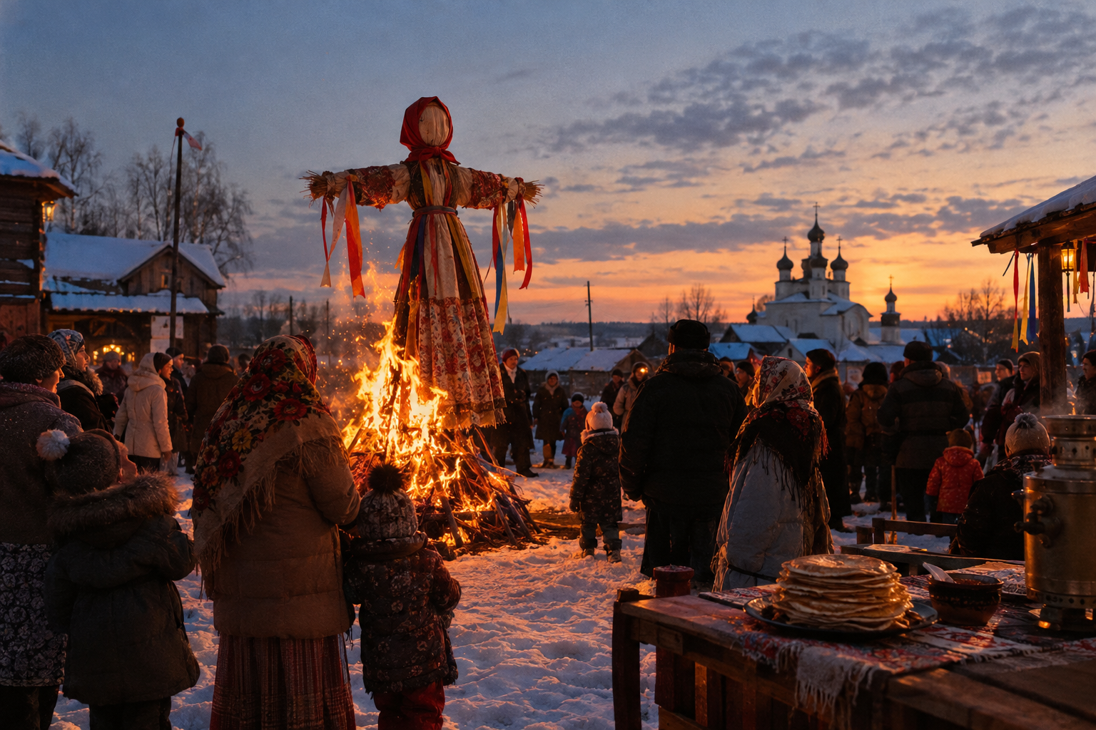 Editorial cinematic photo of a snowy Russian village square during Maslenitsa week at dusk, with bonfire light and a table of golden pancakes — the scene behind OGE Reading Task 12, Variant 3