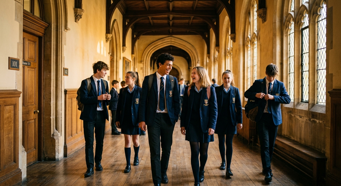 Editorial cinematic photo of teenage students in navy-blue school uniforms walking through a grand school corridor at golden hour — the scene behind OGE Reading Task 12, Variant 4