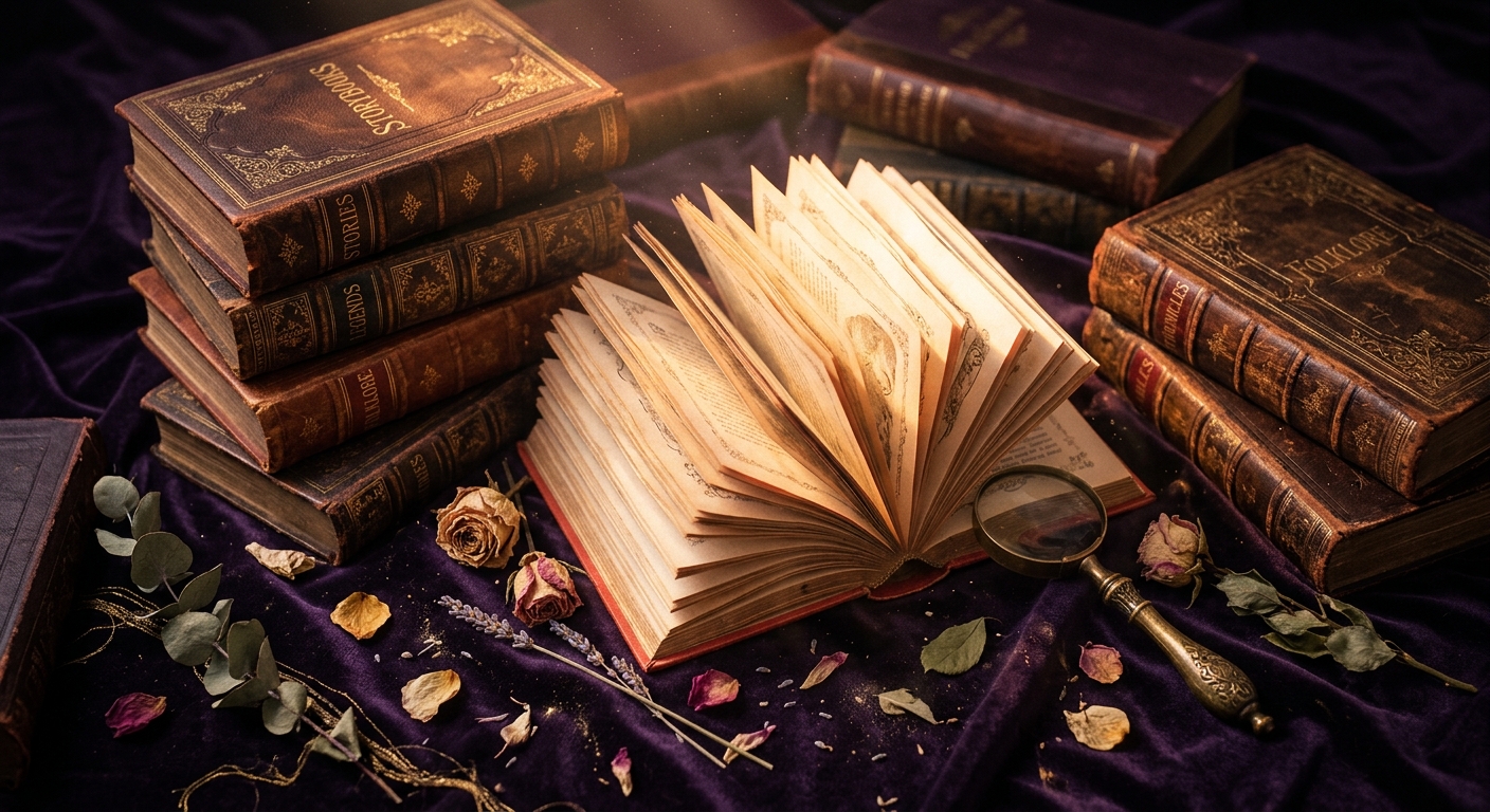 OGE Practice Lesson 3 — editorial cinematic photo of an antique leather-bound storybook open on a dark velvet surface with softly glowing pages, warm coral neon light against deep violet shadows
