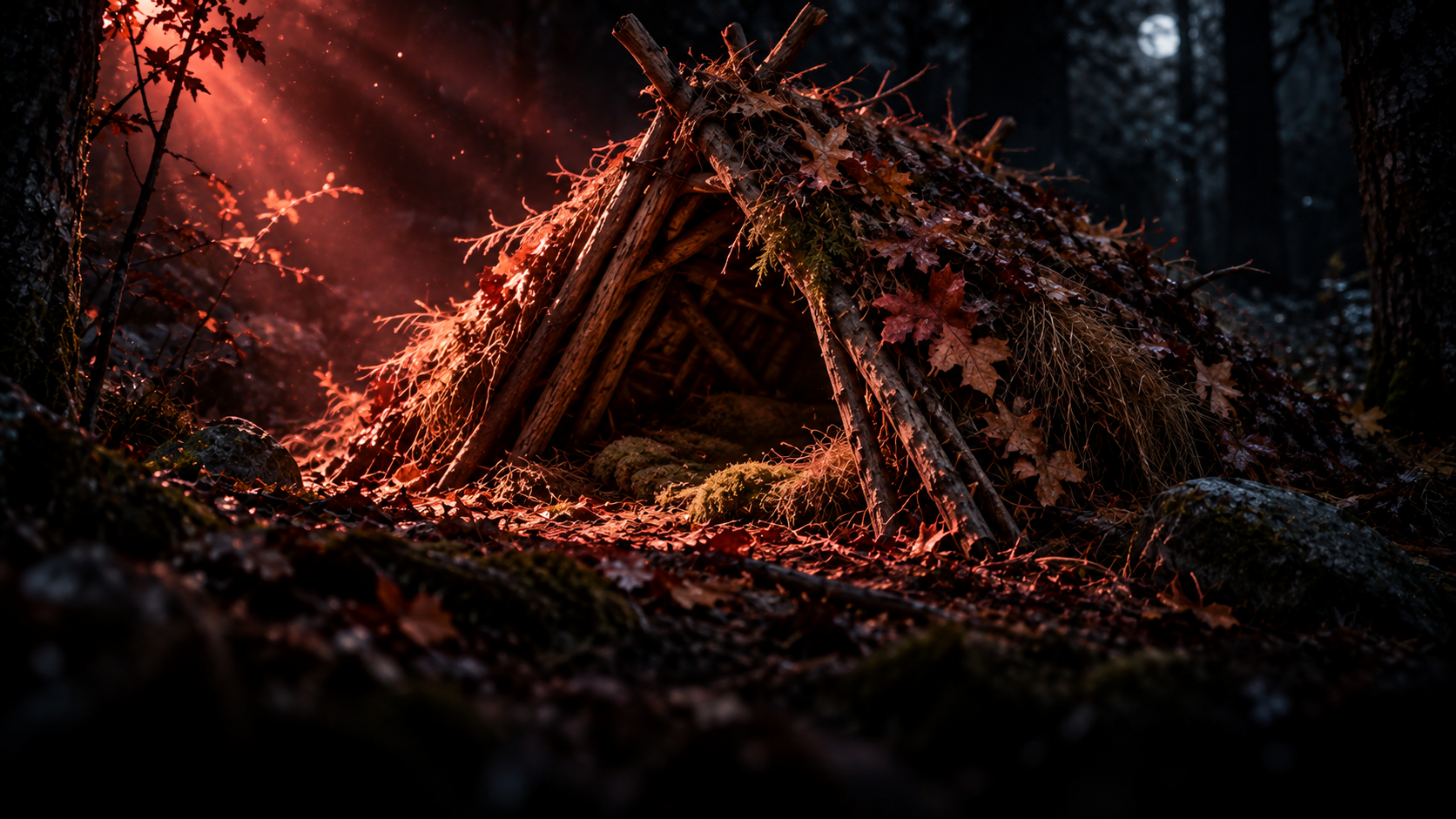 OGE Real Test Lesson 4 — editorial cinematic photo of a small shelter of branches and leaves in a dark forest clearing, lit by one narrow coral beam against near-black shadows