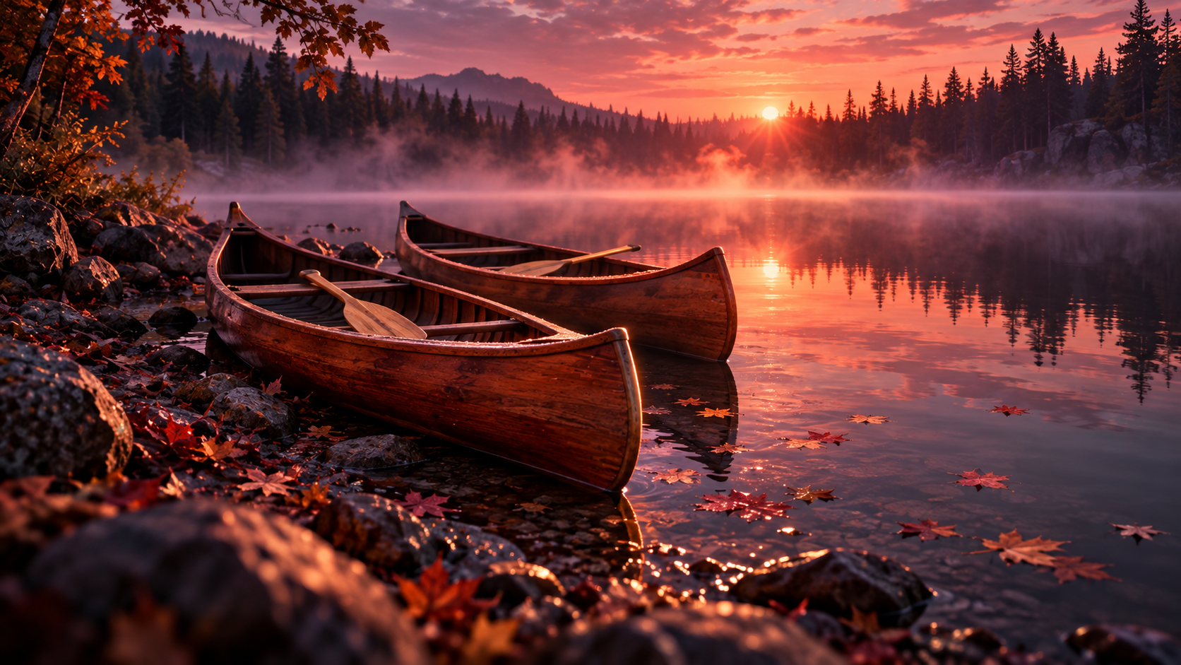 OGE Practice Lesson 3 — editorial cinematic photo of two wooden canoes pulled up on the misty shore of a lake at dawn, coral sunrise light against deep violet shadows