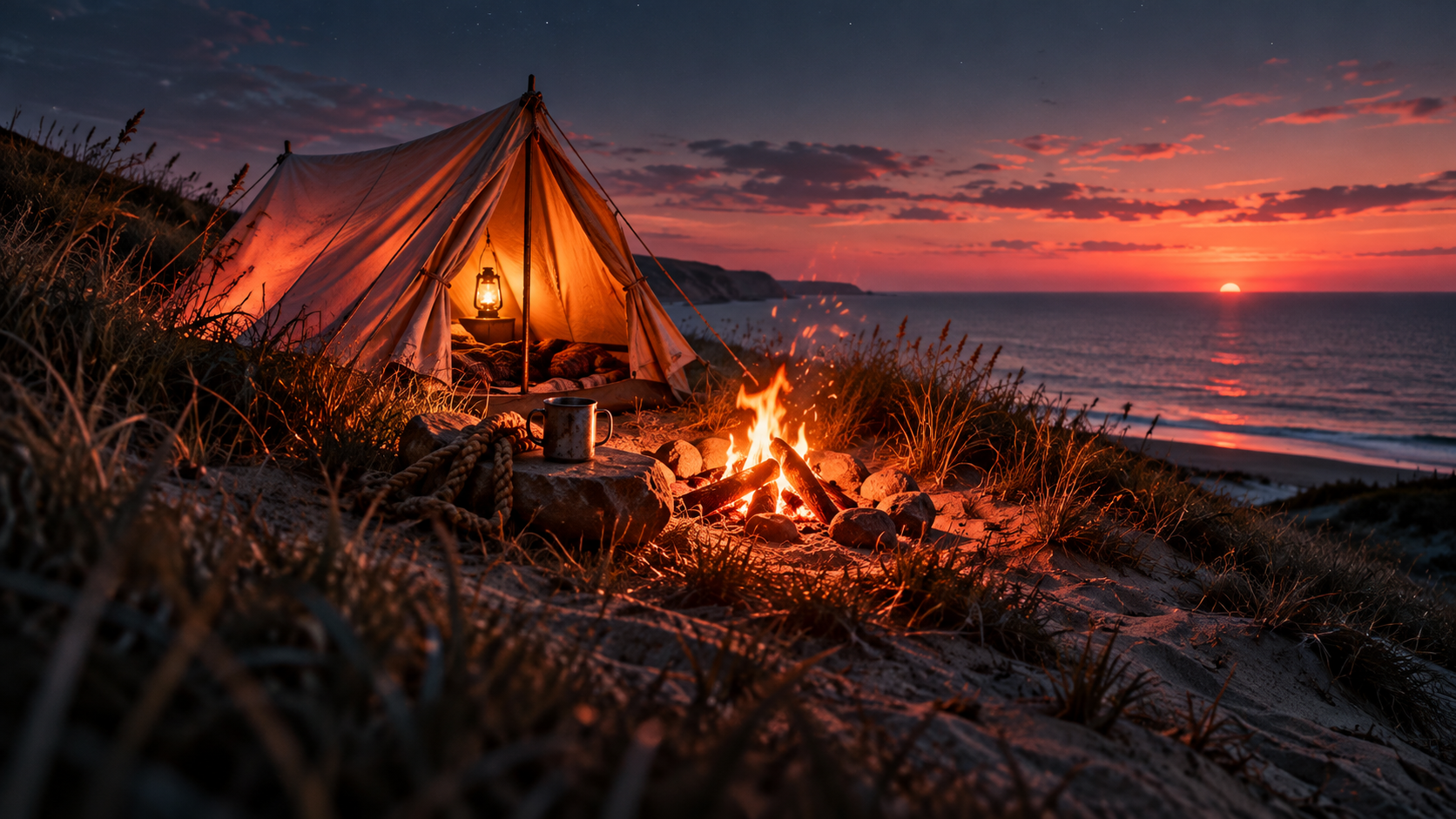OGE Word Forms Lesson 1 vocabulary — editorial cinematic photo of a small canvas tent and a glowing campfire on a sandy seaside dune at dusk, warm coral firelight against deep navy shadows