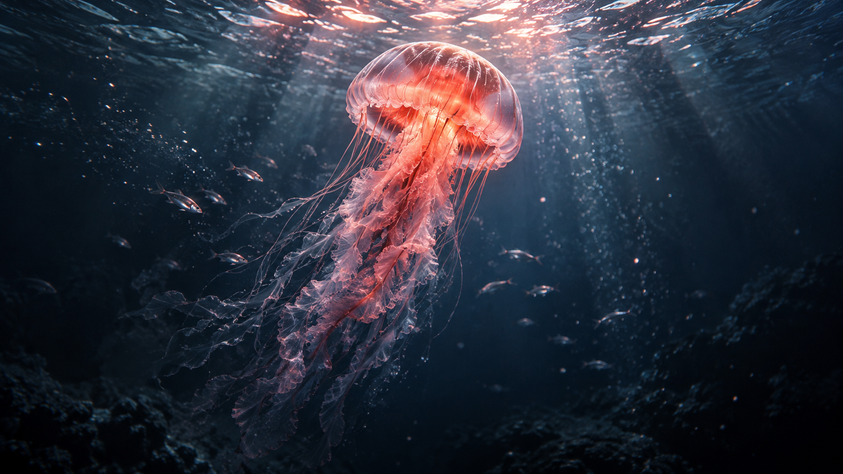 OGE Word Forms Lesson 1 vocabulary — editorial cinematic photo of a lone glowing jellyfish drifting in dark ocean water under faint shafts of light from the surface, warm coral glow against deep navy shadows