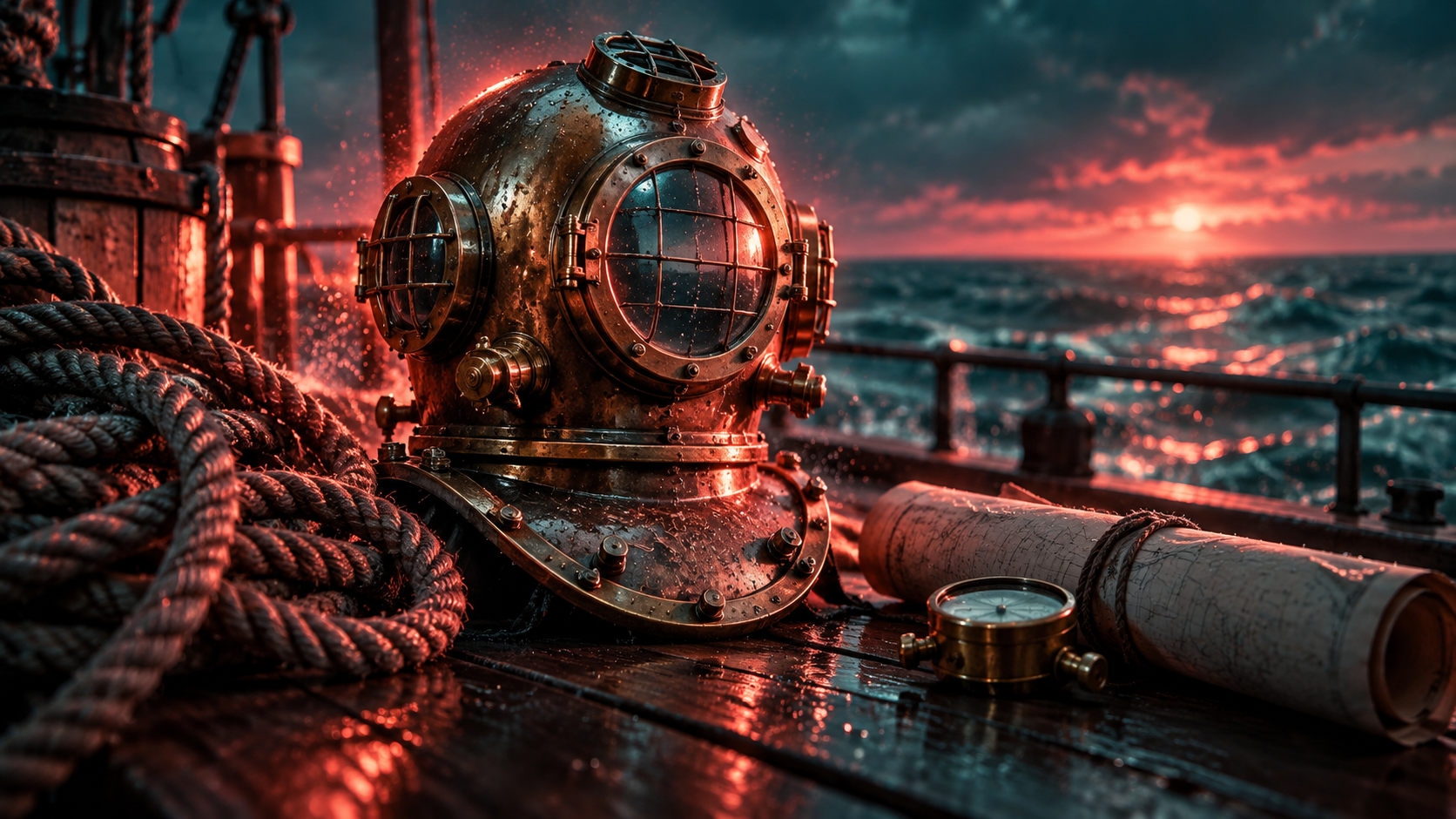 OGE Word Building Lesson 2 — editorial cinematic photo of an old brass diving helmet on a weathered wooden deck beside a coiled rope and a rolled sea chart, coral rim light against deep teal shadows
