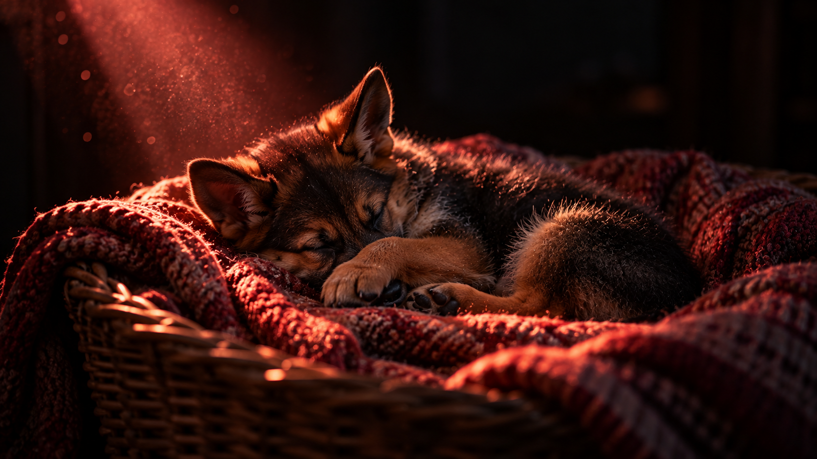 OGE Real Test Lesson 4 — editorial cinematic photo of a small sleeping puppy curled in a knitted blanket, lit by one narrow warm beam against near-black shadows