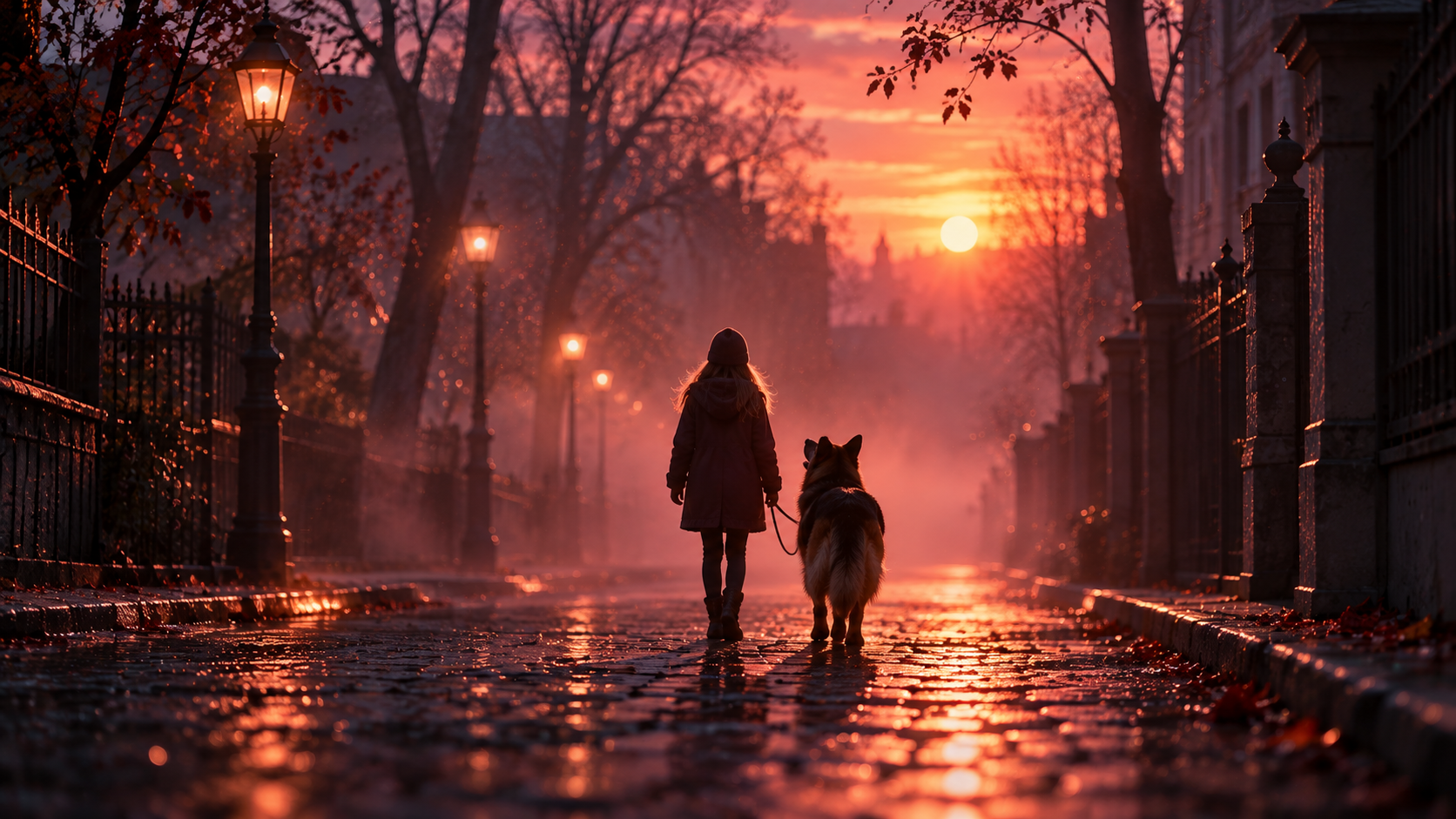 OGE Practice Lesson 3 — editorial cinematic photo of the silhouette of a girl walking a shepherd dog along an empty misty street at sunrise, warm streetlight glow against deep violet shadows