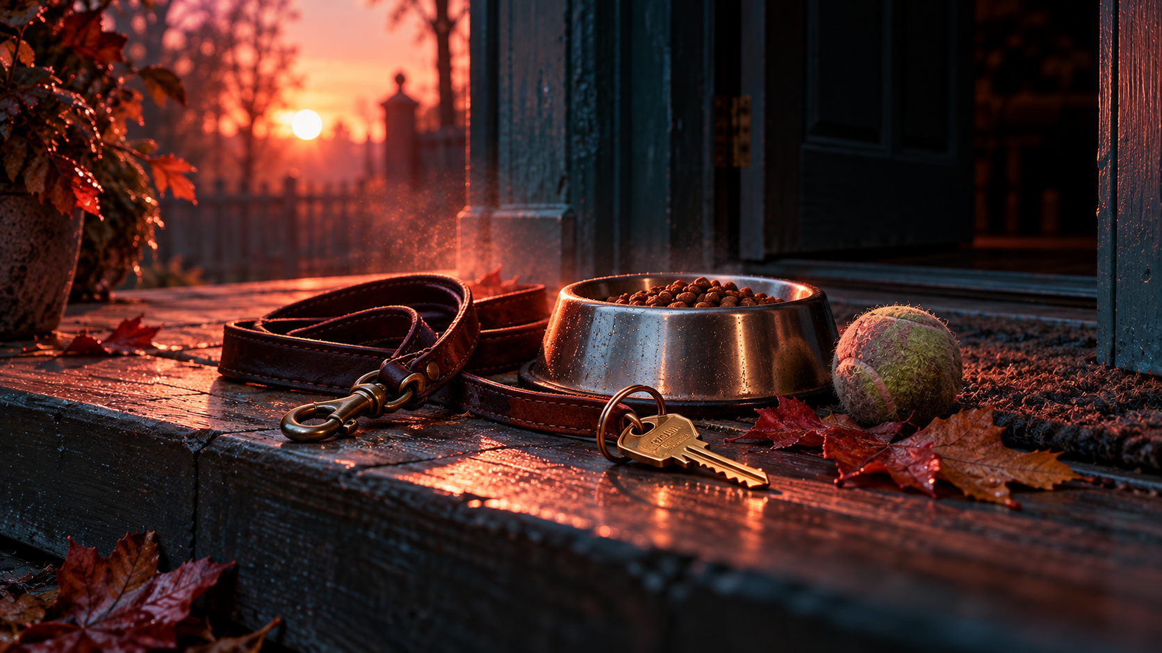 OGE Word Building Lesson 2 — editorial cinematic photo of a worn leather dog lead, a steel food bowl and a house key on a wooden doorstep at dawn, warm rim light against deep teal shadows