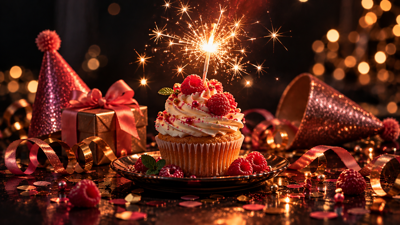 OGE Real Test Lesson 4 — editorial cinematic photo of a birthday cupcake with a bright sparkler candle, confetti and ribbons, warm coral spotlight and golden sparks against a near-black background