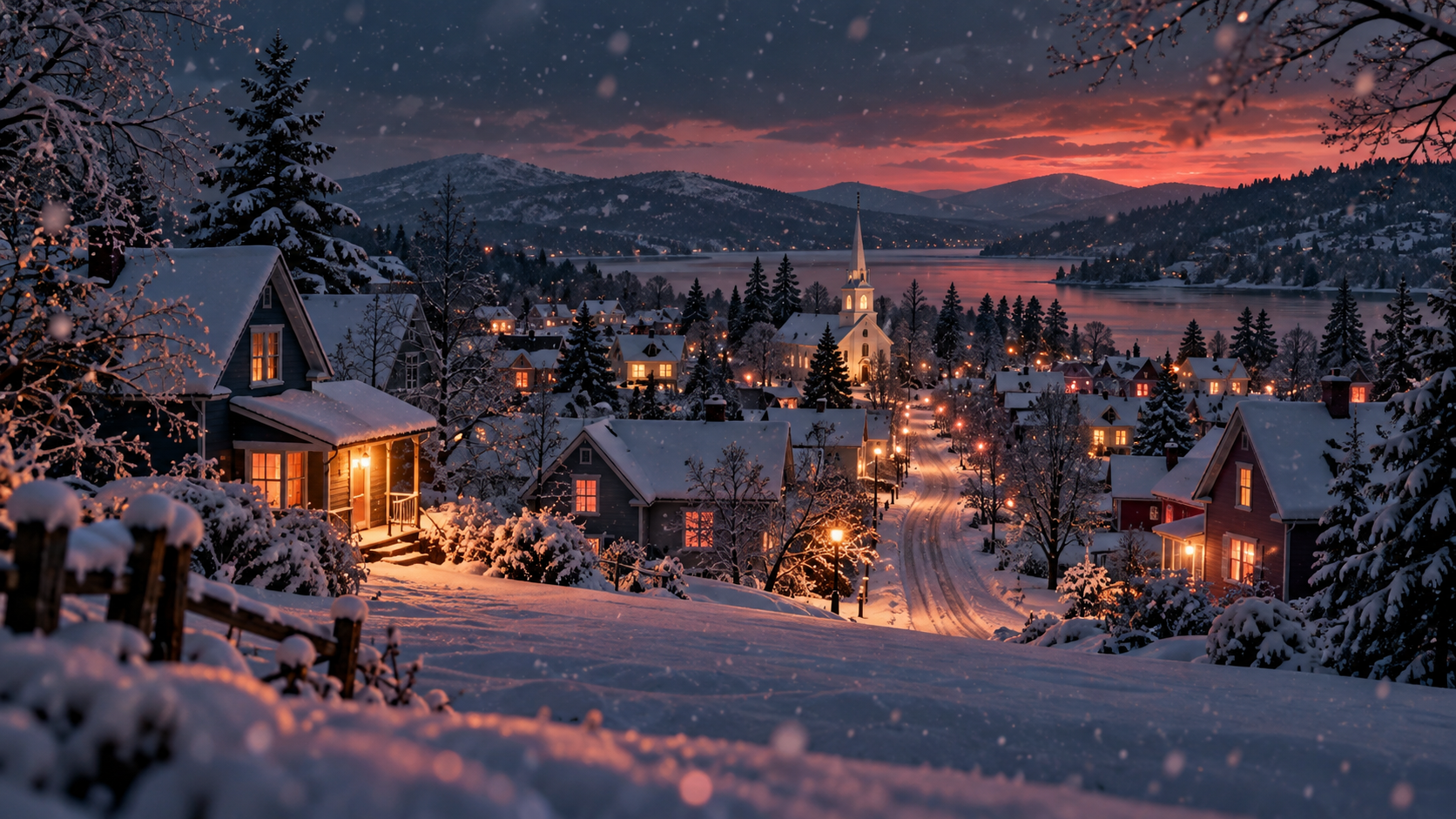 OGE Word Forms Lesson 1 vocabulary — editorial cinematic photo of a small snowy town at dusk, warm lit windows and quiet snow-covered roofs, soft amber light against deep blue-grey shadows