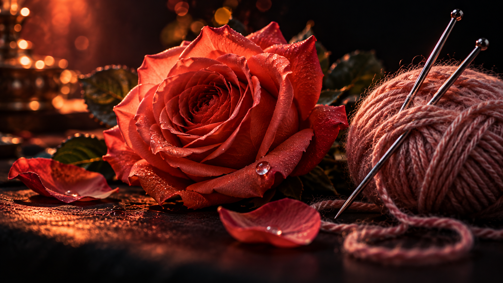 OGE Real Test Lesson 4 — editorial cinematic photo of a single red rose and a ball of knitting wool lit by a warm red spotlight against a near-black background