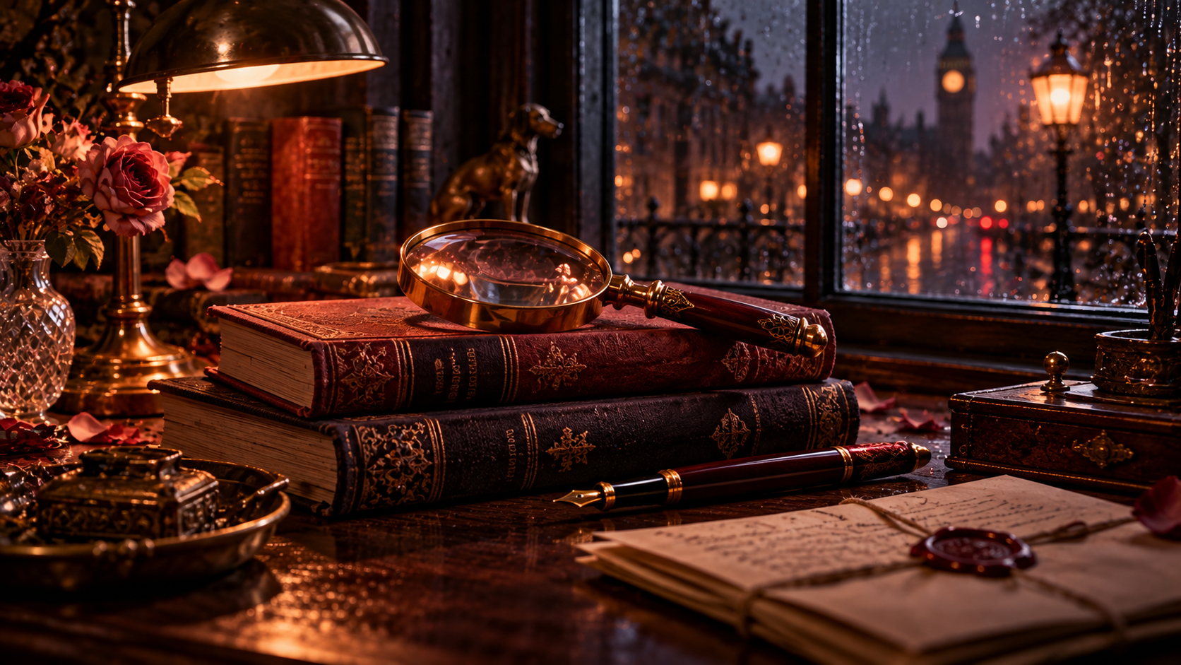 OGE Practice Lesson 3 — editorial cinematic photo of a brass magnifying glass on a stack of old detective novels on a dark wooden desk, a single lamp glowing, plum and warm amber tones