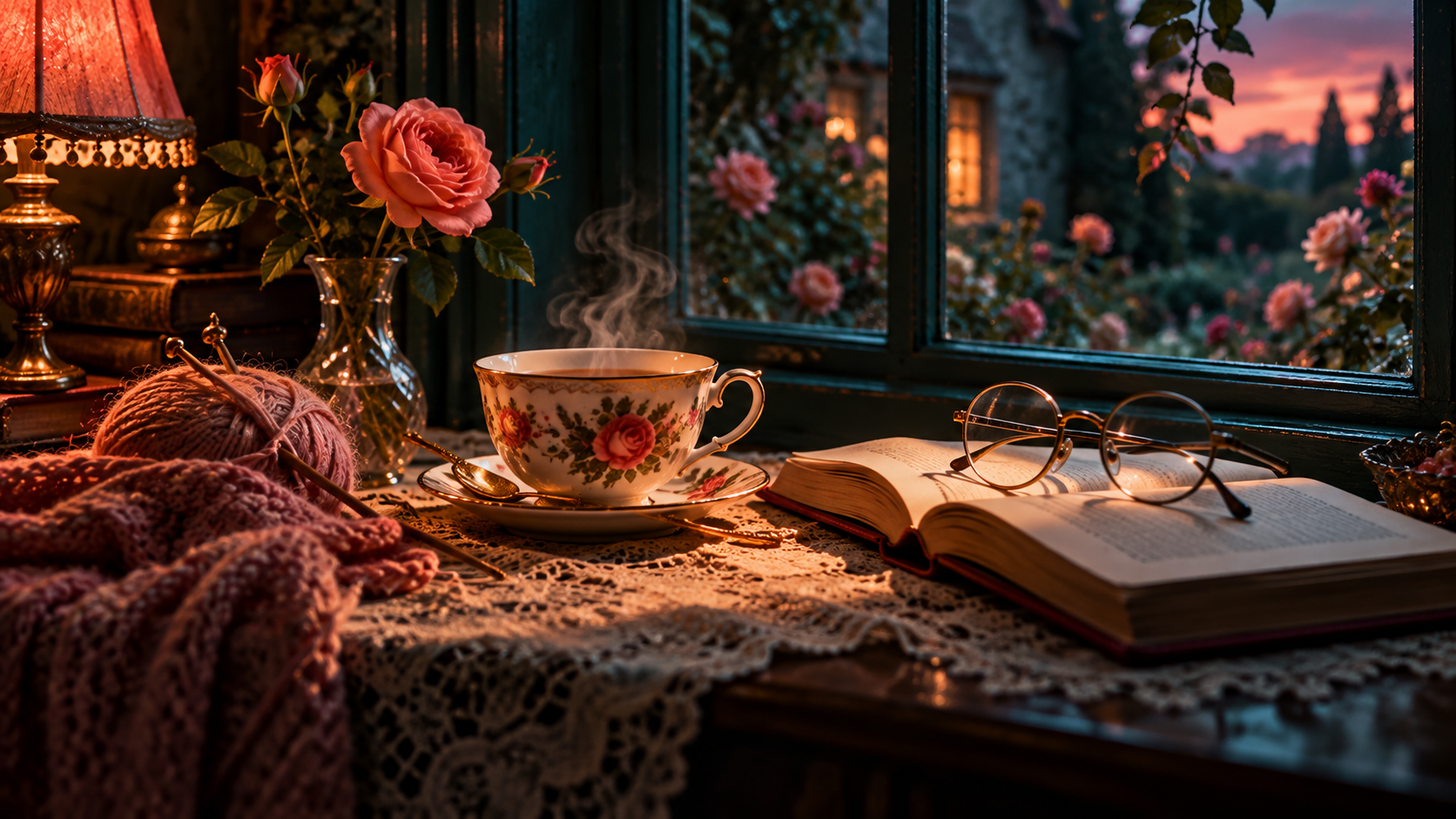 OGE Word Building Lesson 2 — editorial cinematic photo of a porcelain teacup, reading glasses and an open detective novel on a lace tablecloth by a cottage window, soft teal light