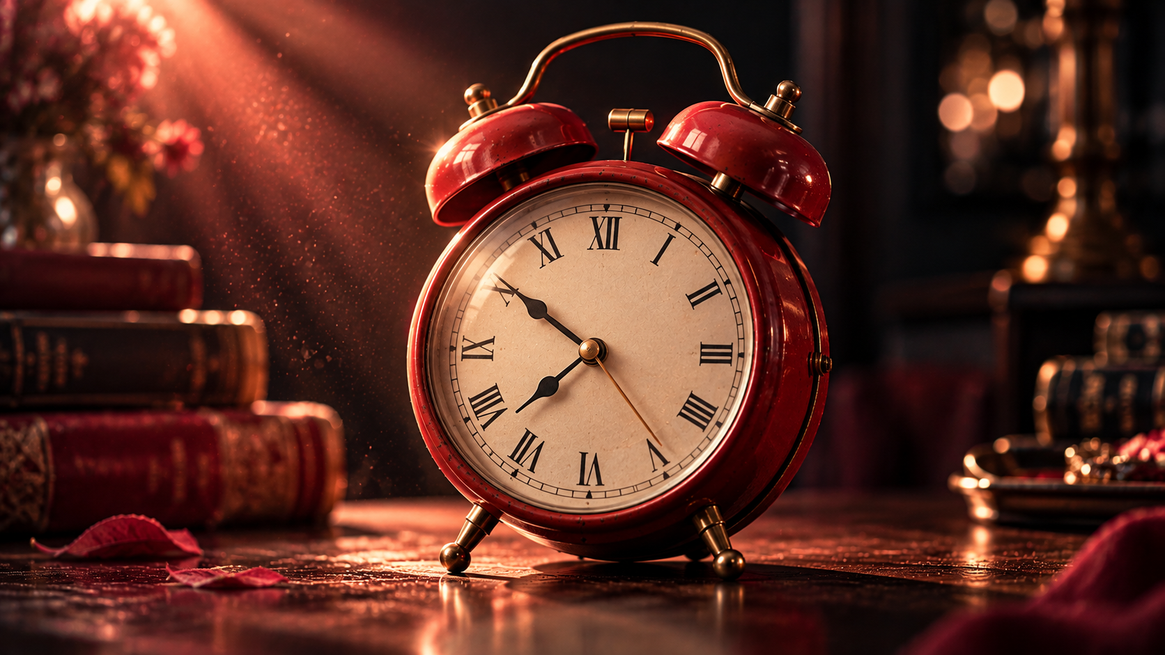 OGE Real Test Lesson 4 — editorial cinematic photo of a vintage red twin-bell alarm clock with a cream Roman-numeral dial lit by a warm red spotlight against a near-black background