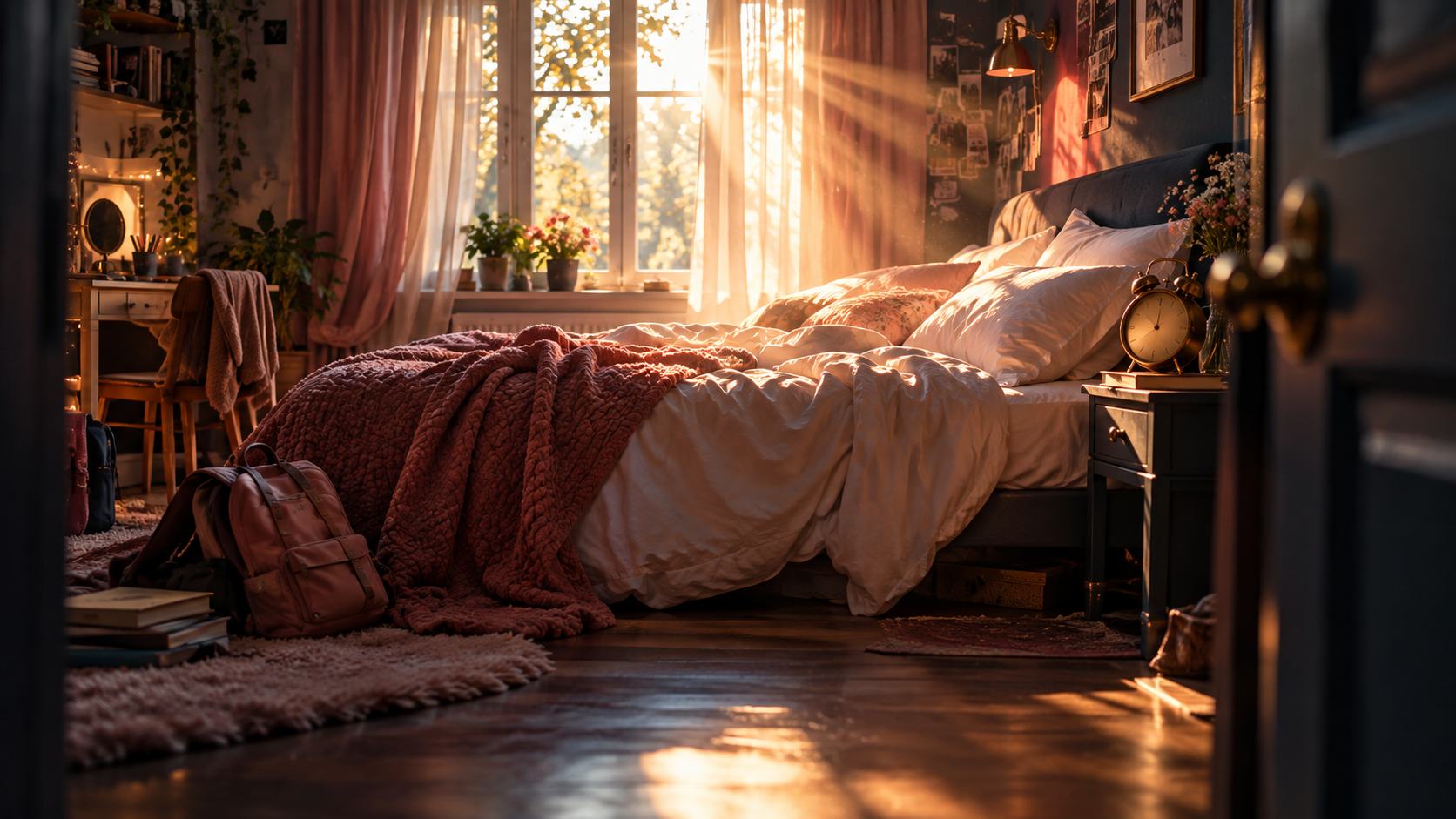 OGE Word Forms Lesson 1 vocabulary — editorial cinematic photo of a girl's bedroom in late morning, sunlight pouring through the curtains onto a rumpled bed and an old alarm clock, warm gold light against deep blue-grey shadows