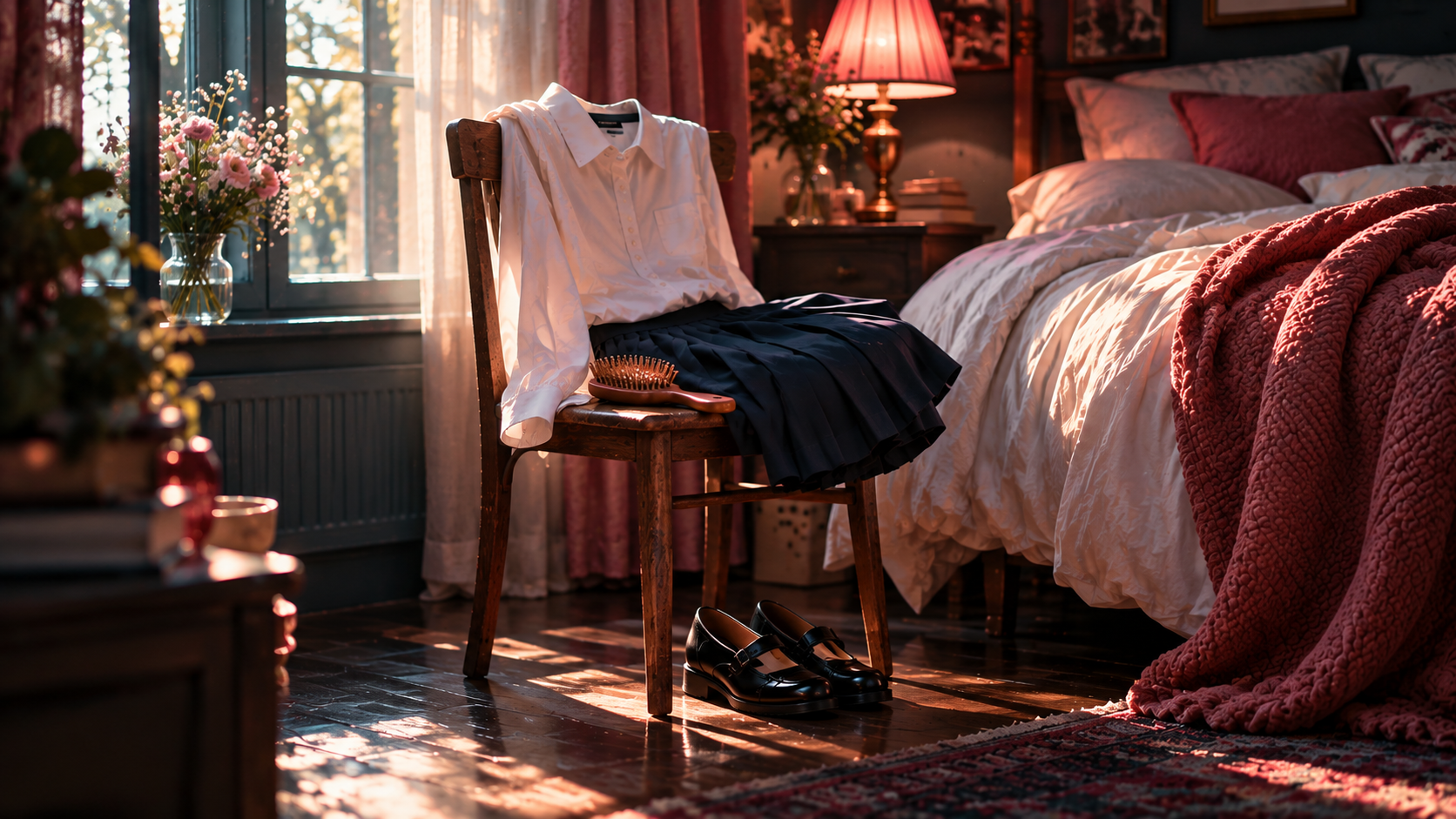 OGE Word Building Lesson 2 — editorial cinematic photo of a white school shirt and a dark blue skirt folded on a wooden chair beside an unmade bed, a hairbrush on the seat, soft teal morning light