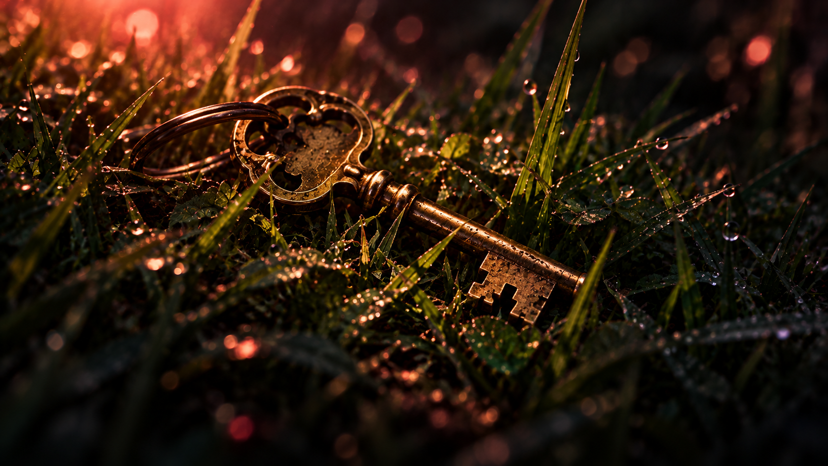 OGE Real Test Lesson 4 — editorial cinematic photo of a shiny brass door key lying in green grass, lit by a warm coral spotlight against a near-black background