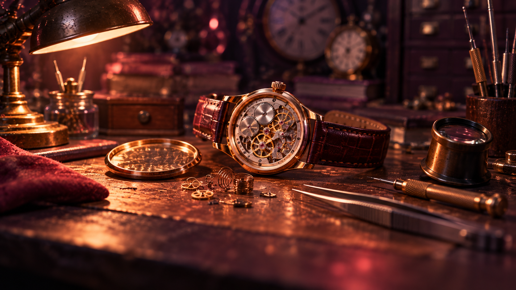 OGE Practice Lesson 3 — editorial cinematic photo of an old wristwatch lying open on a watchmaker's wooden workbench among tiny tools, plum and warm amber tones